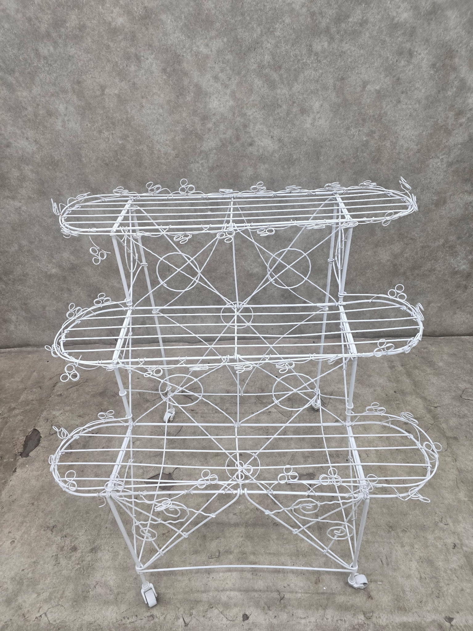 Vintage White Wire 3-Tier Rolling Plant Stand on Casters