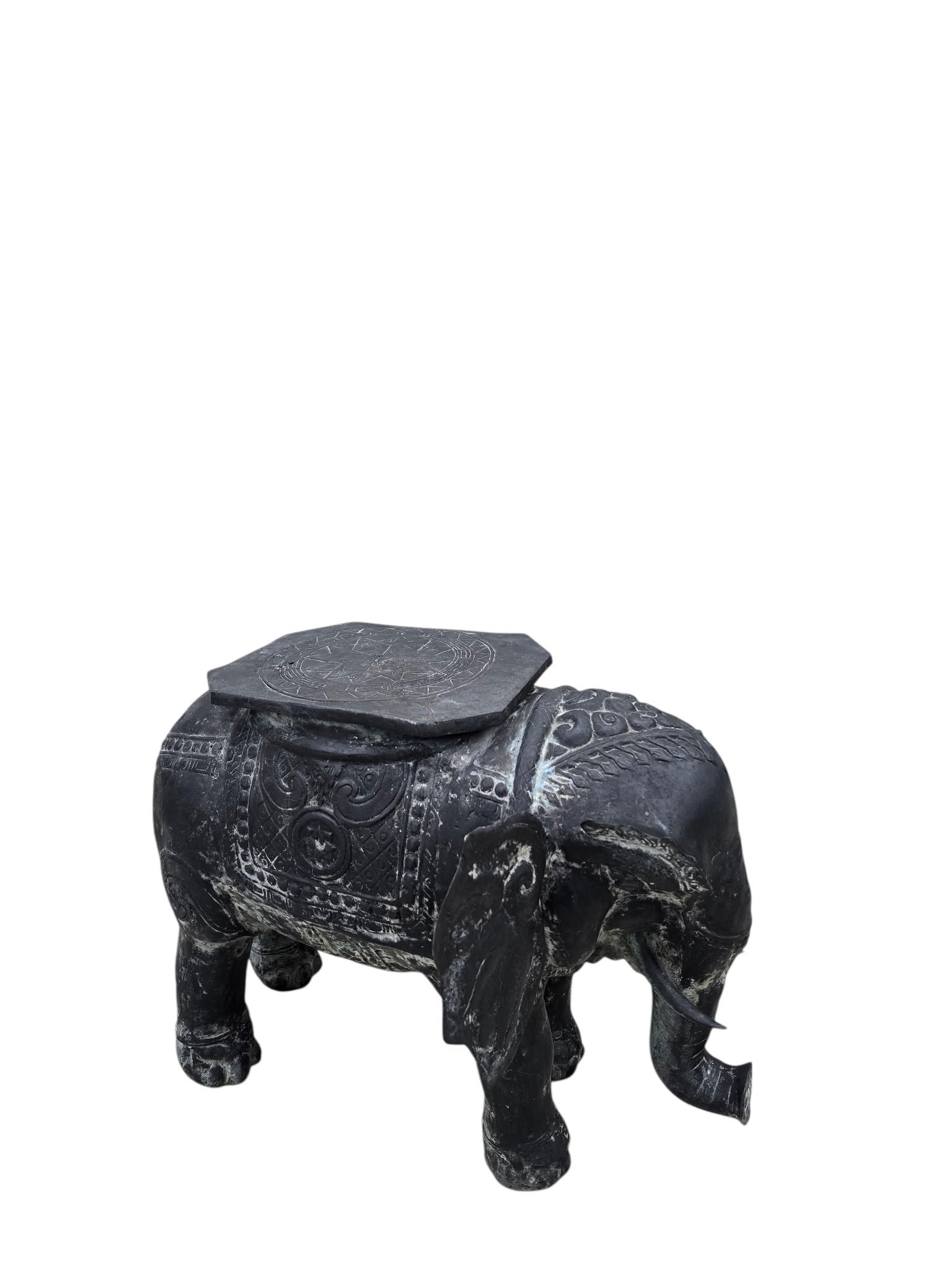 Antique Balinese Hammered Bronze Saddled Elephant Side Table