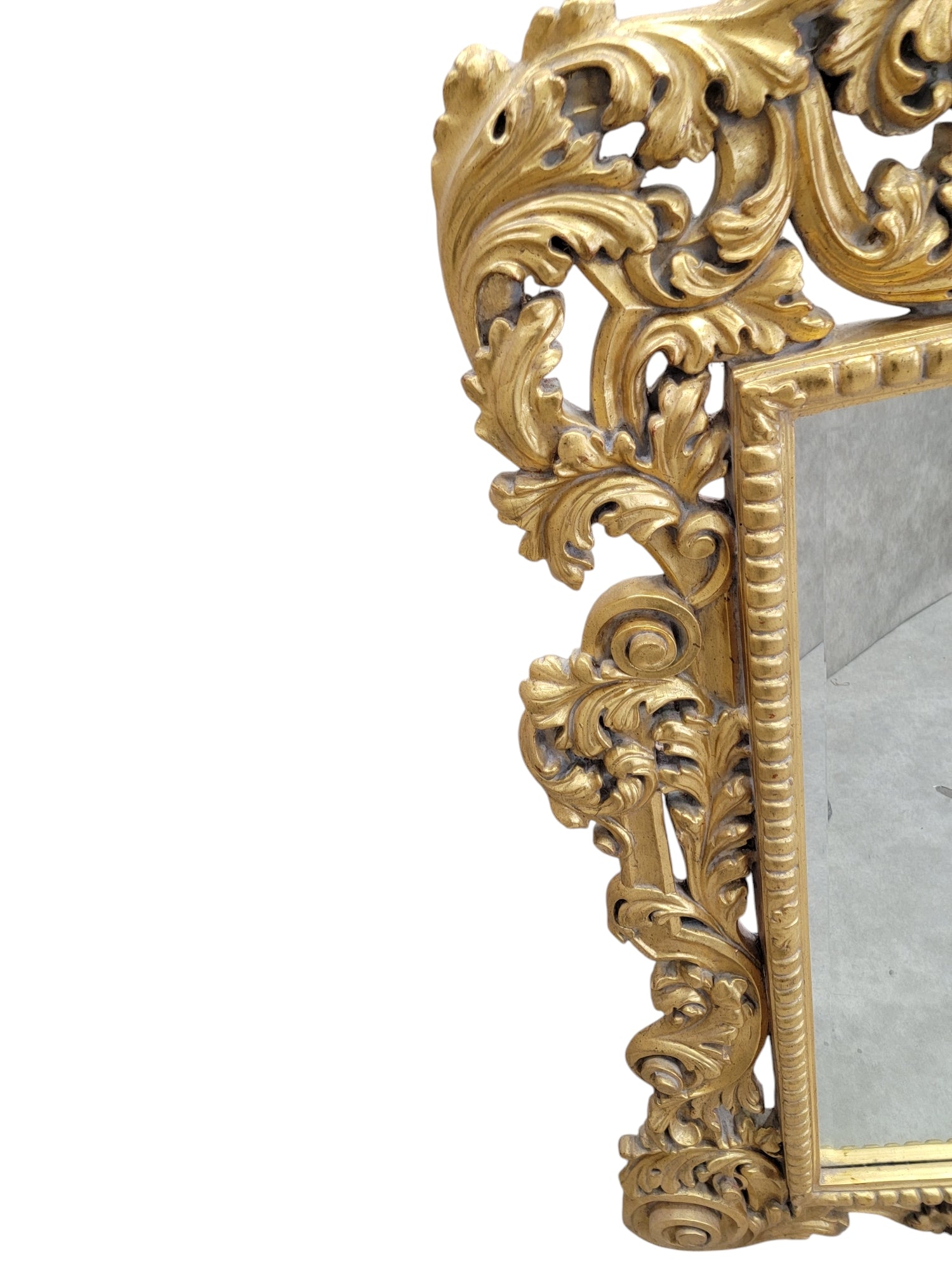 Vintage Hollywood Regency Italian Versace Style Carved Ornate Gold Gilded Figural Beveled Wall Mirror