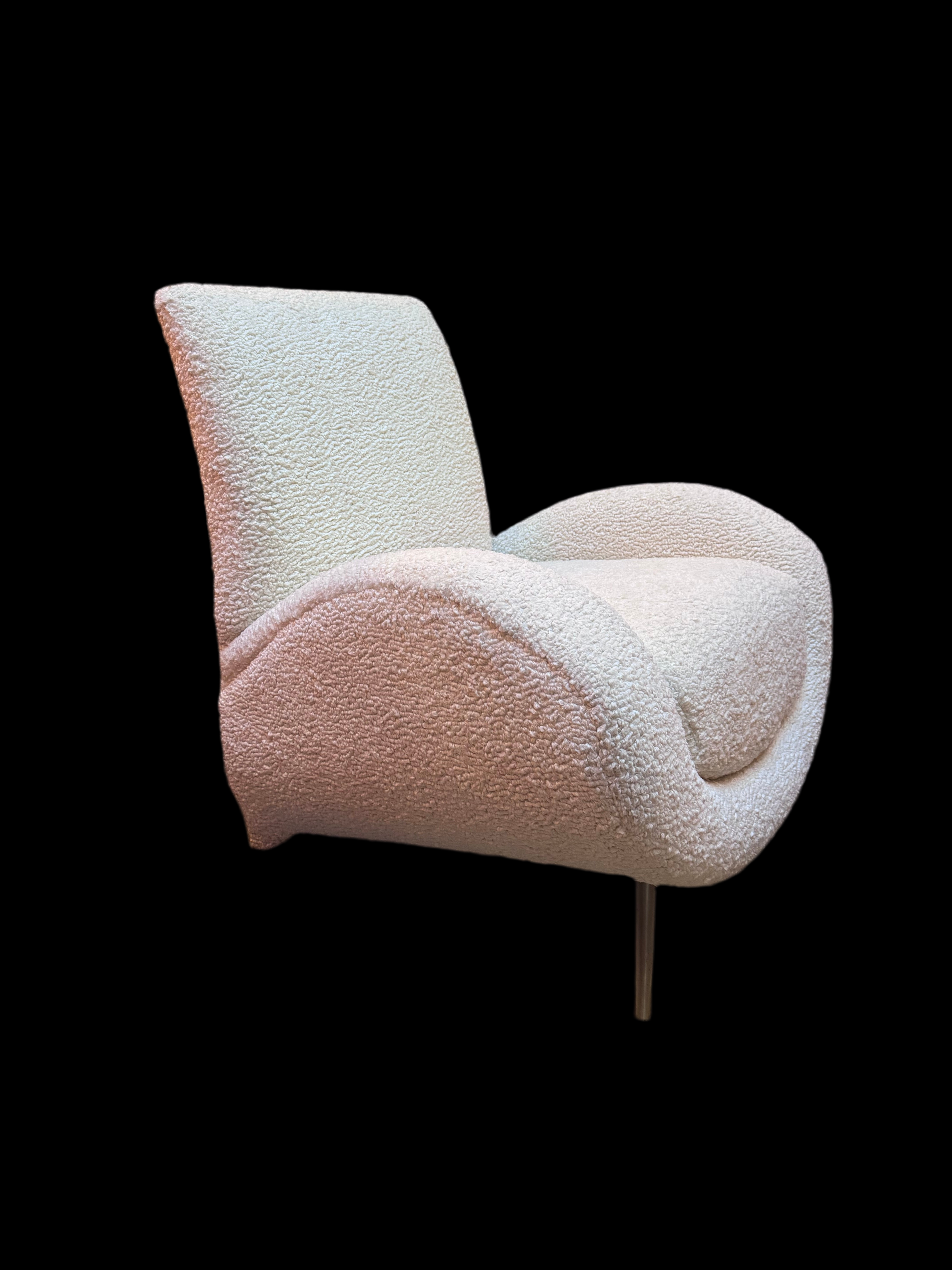 Mid Century Postmodern Italian Slant Back Club Chairs Newly Reupholstered in White Boucle - Pair