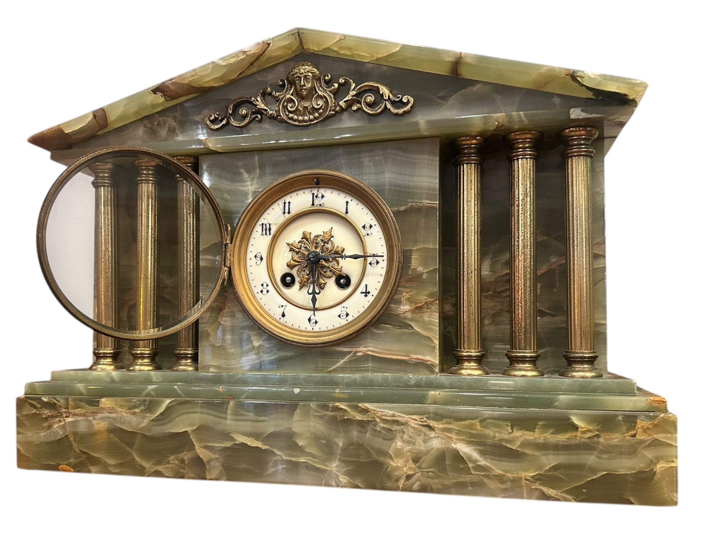 Antique French Neoclassical Green Onyx Garniture Clock Set