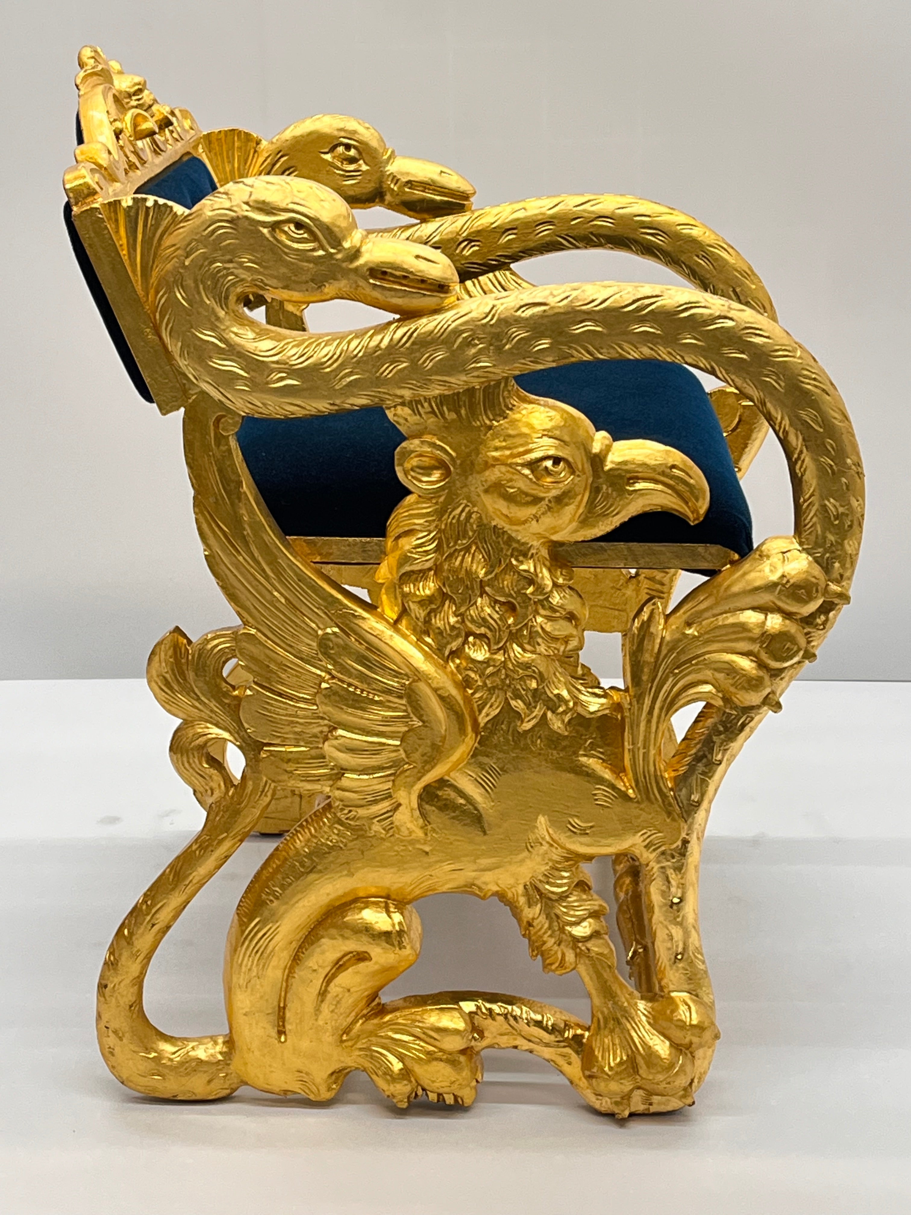 Antique Federal Style Carved Gold Gilt Swan and Eagle Carousel Bench Newly Reupholstered in Blue Mohair Seat