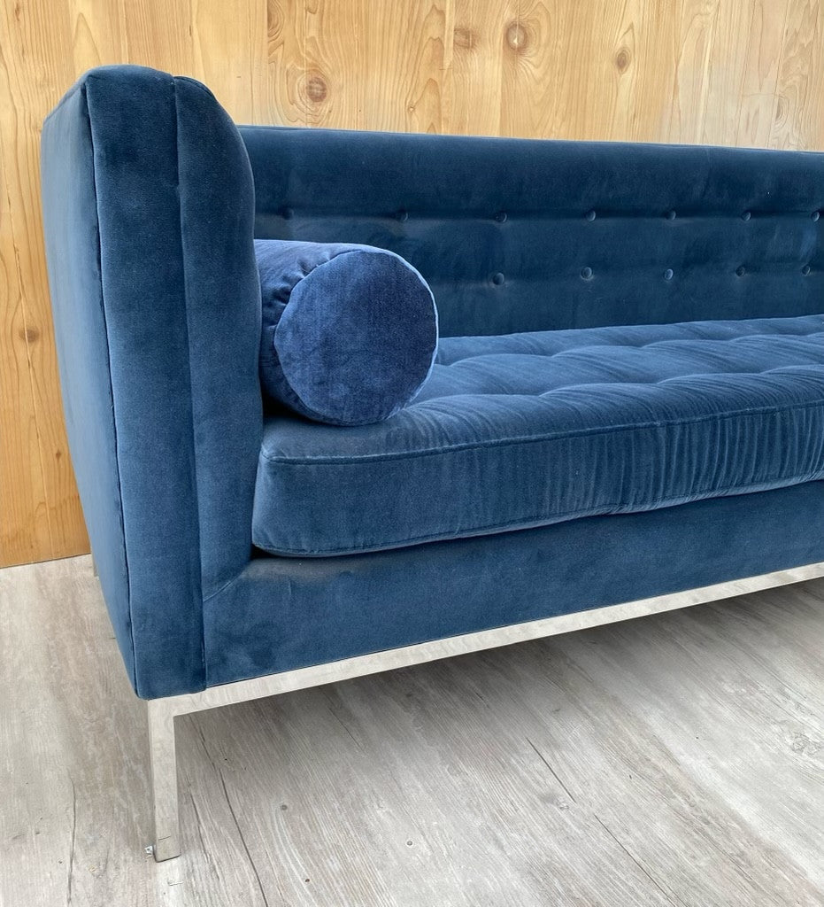 Mid Century Modern Florence Knoll Chrome Sofa Newly Upholstered Blue Tufted Velvet