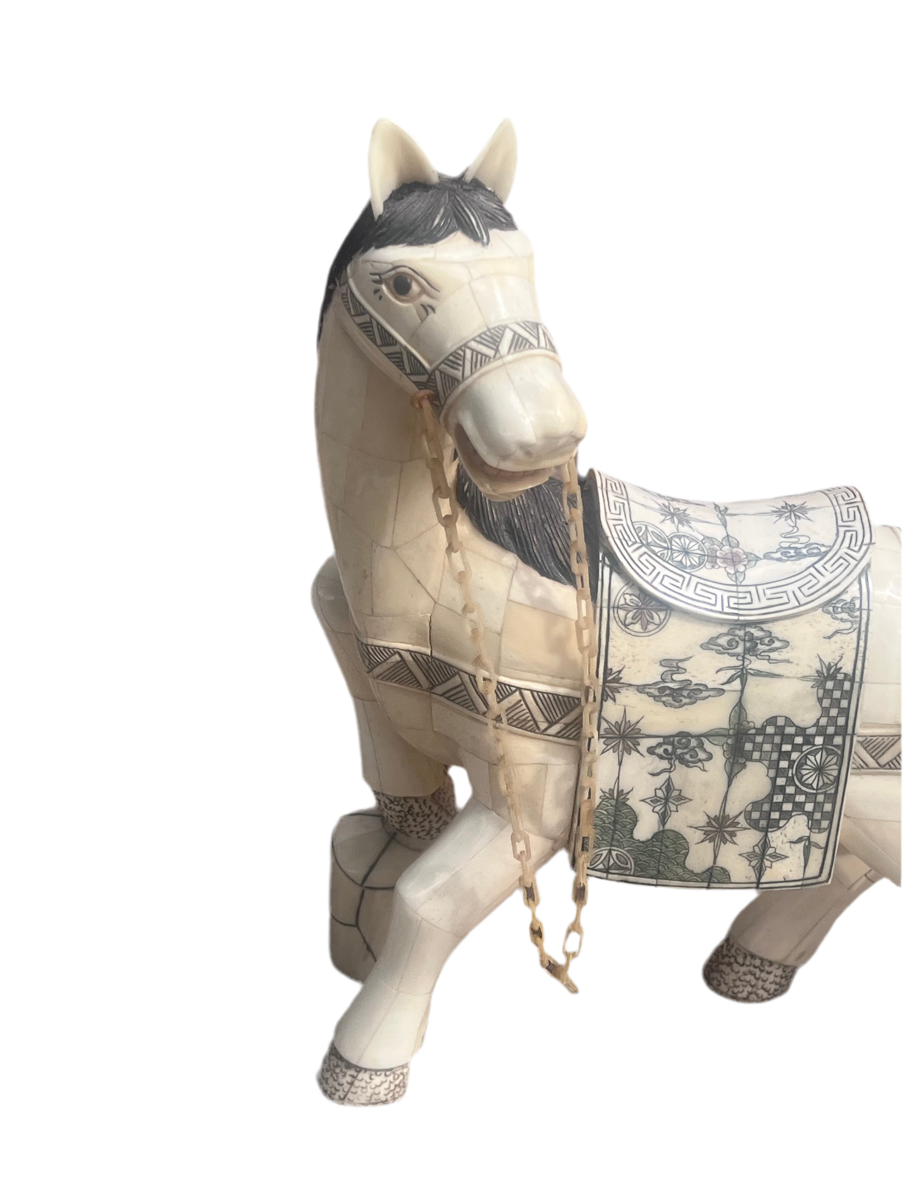 Vintage Tessellated Bone Tile Horse Statue