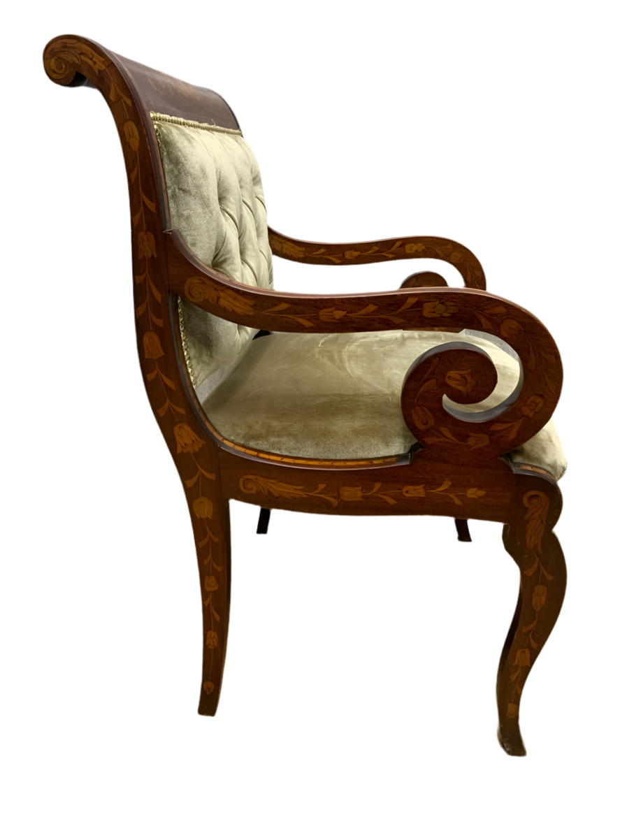 Antique Neoclassical Inlaid Scroll Arm Armchair Desk Chair Newly Reupholstered in Gold Velvet