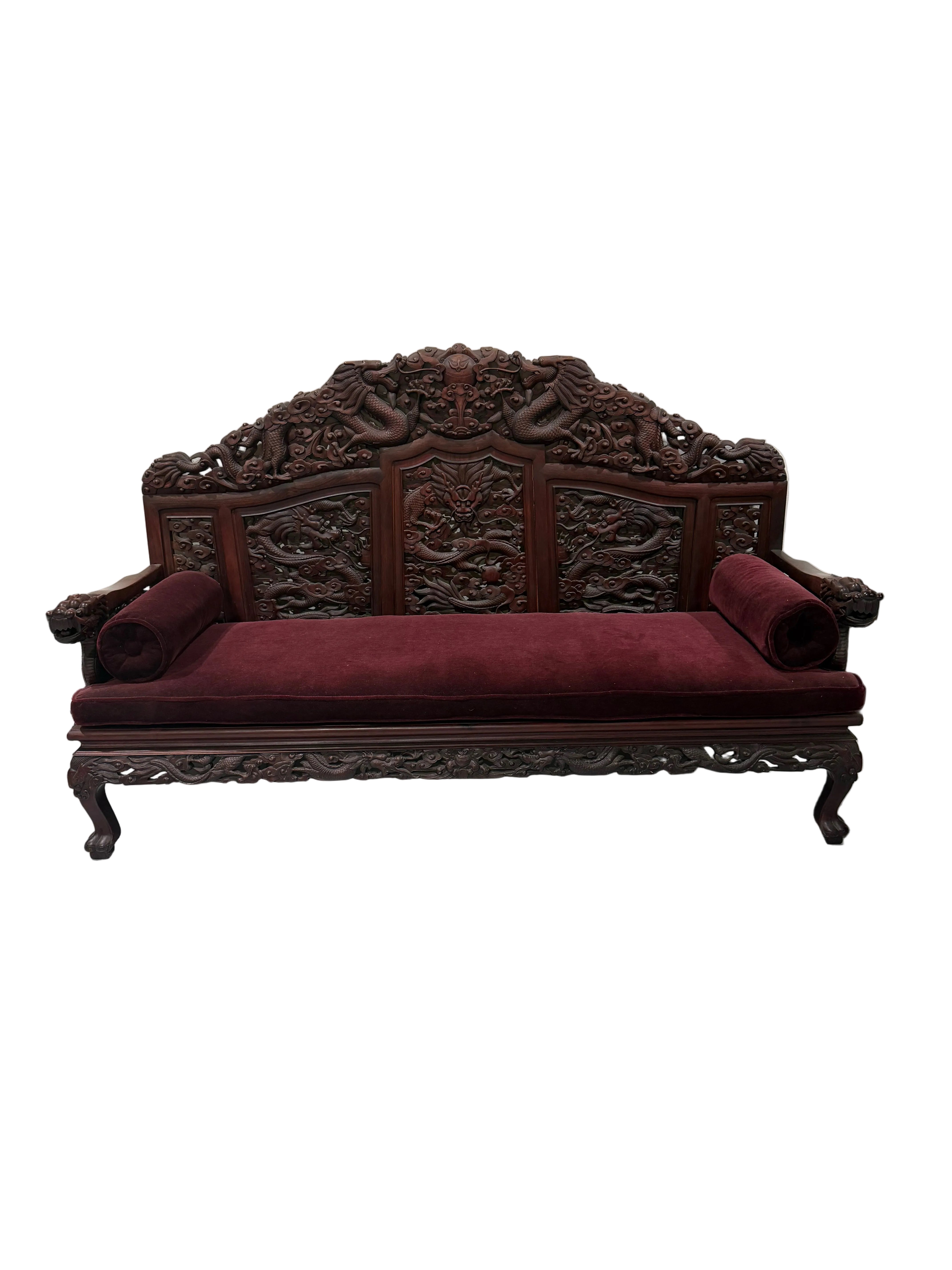 Chinese Carved Dragon Settee With Burgundy Mohair Upholstery
