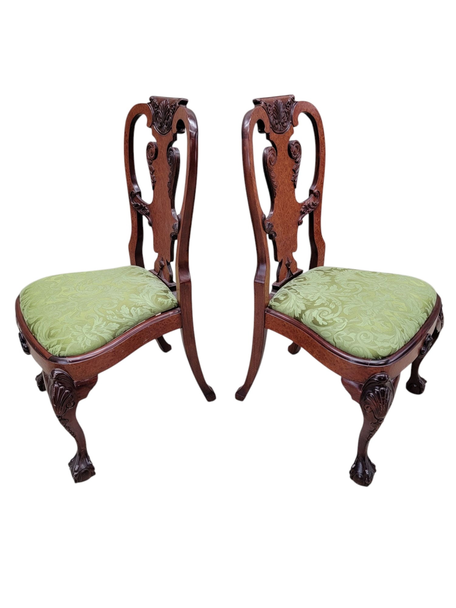 Vintage Queen Anne Style Carved Mahogany Dining Chairs - Set of 12