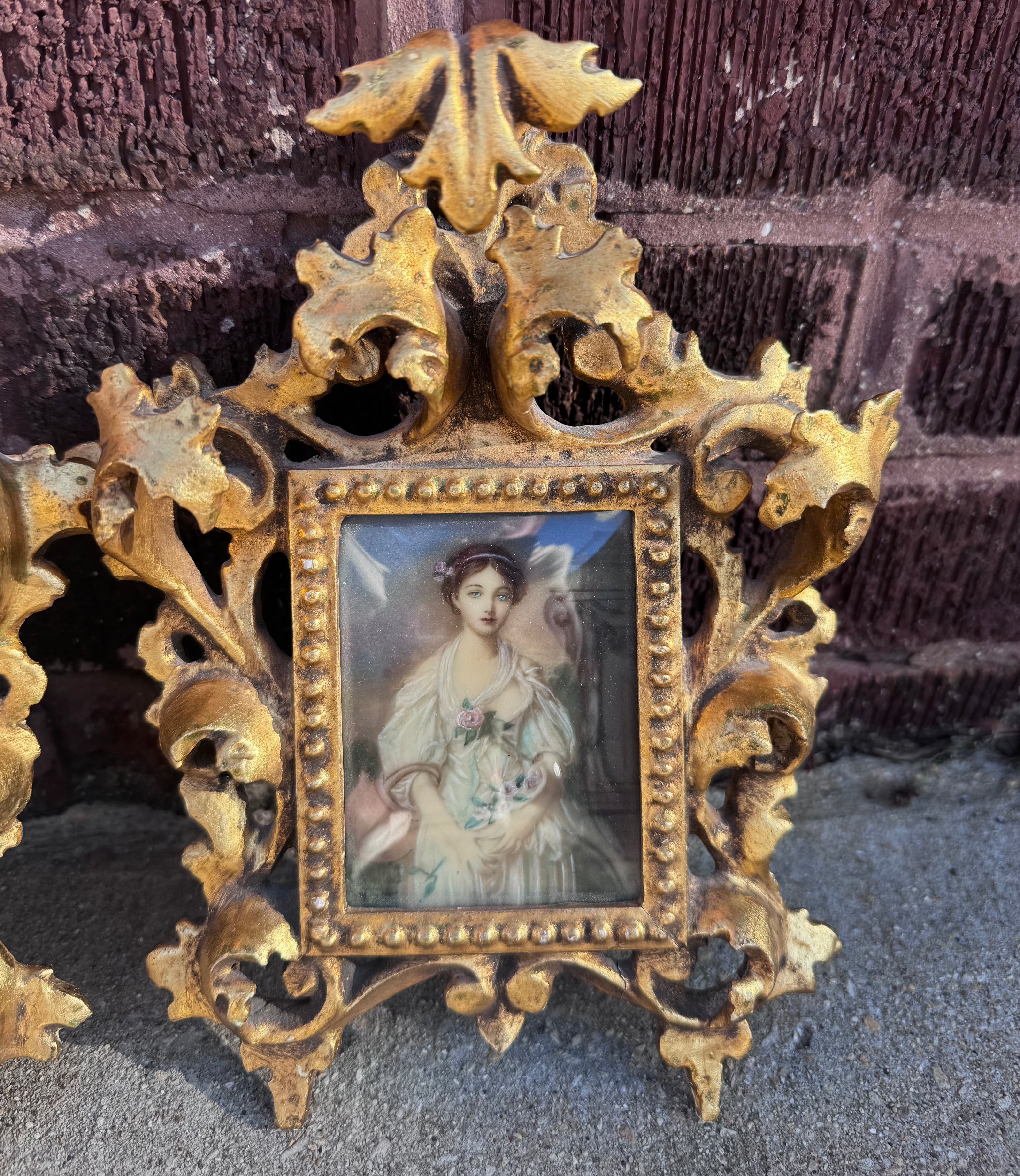 Antique Victorian Portrait on Hand-Painted Porcelain Plaque in a Carved Gilt Wood Frame - Set of 2