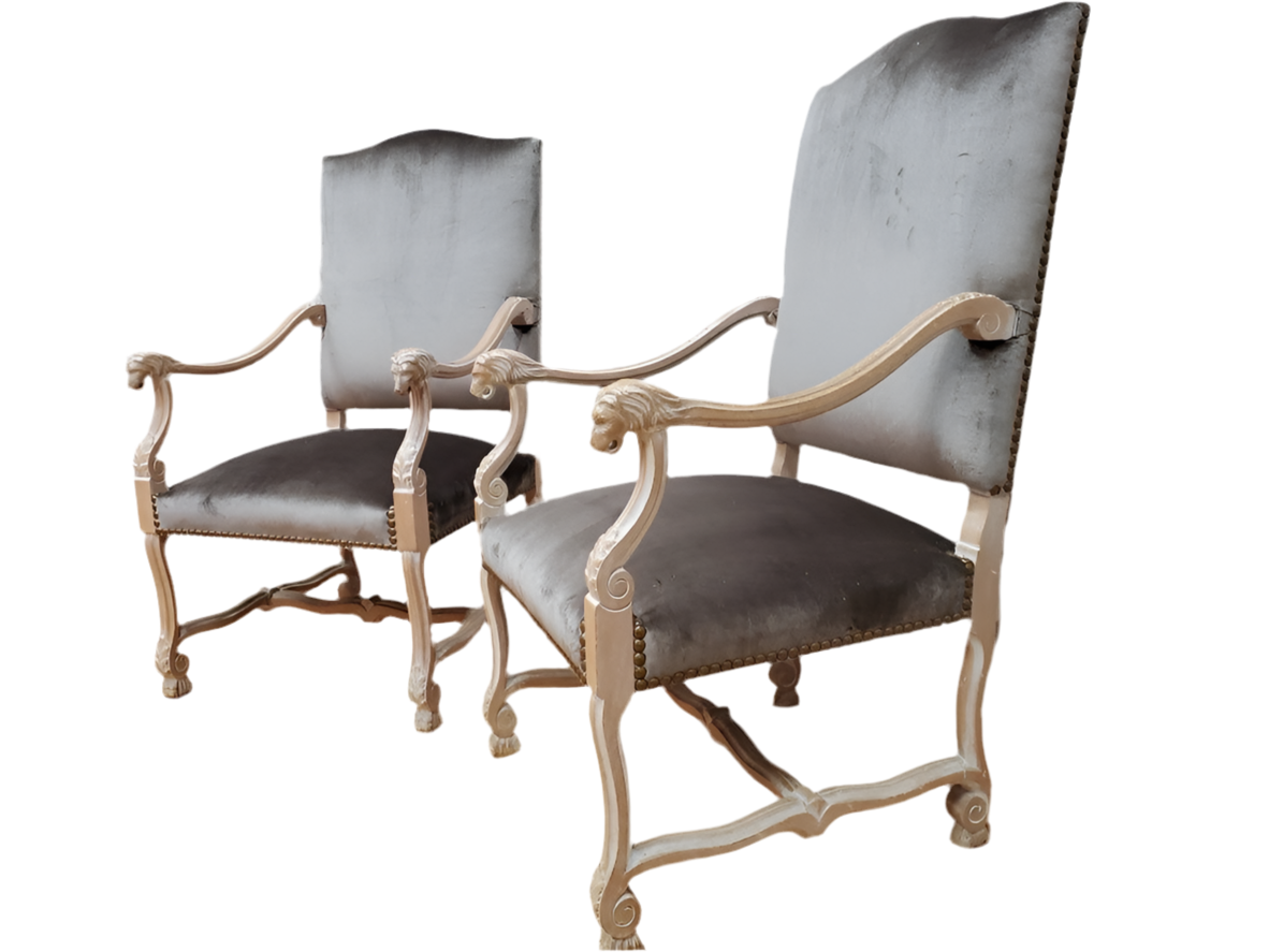Antique French Carved Figural Chairs Newly Upholstered - Pair