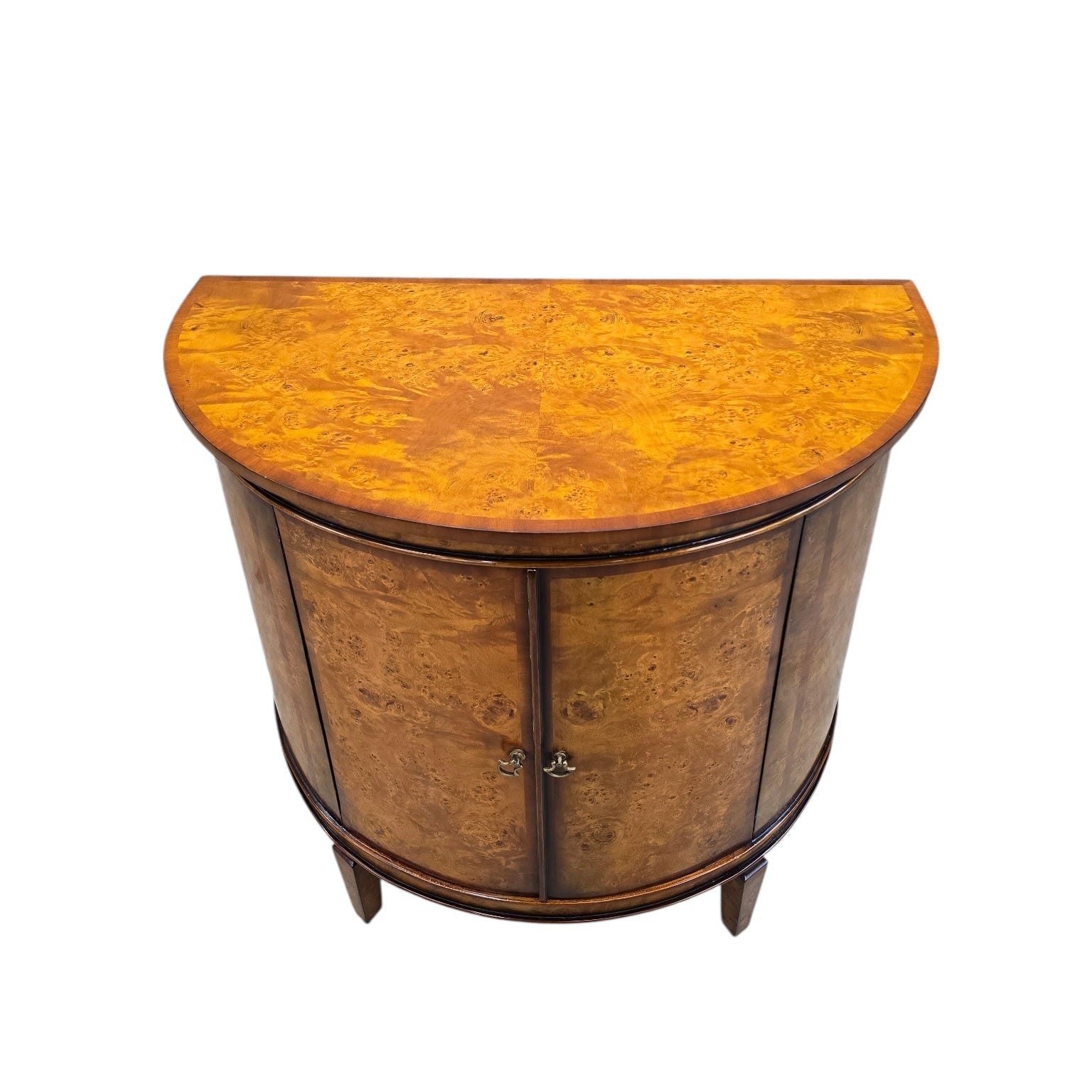 Vintage Neoclassical Regency Style Walnut Burl Demilune Cabinet