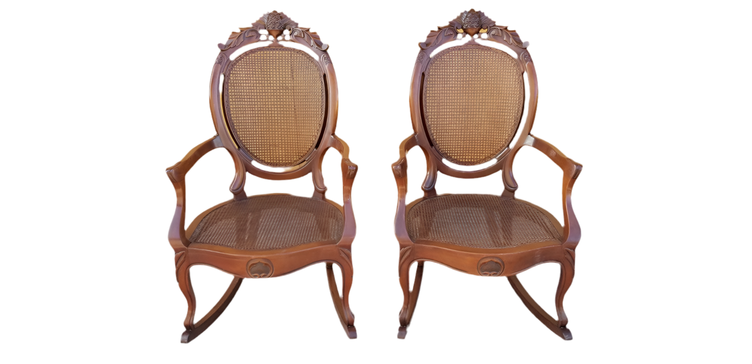 Antique French Mahogany Louis XV Style Carved Cane Rocking Chairs - Pair