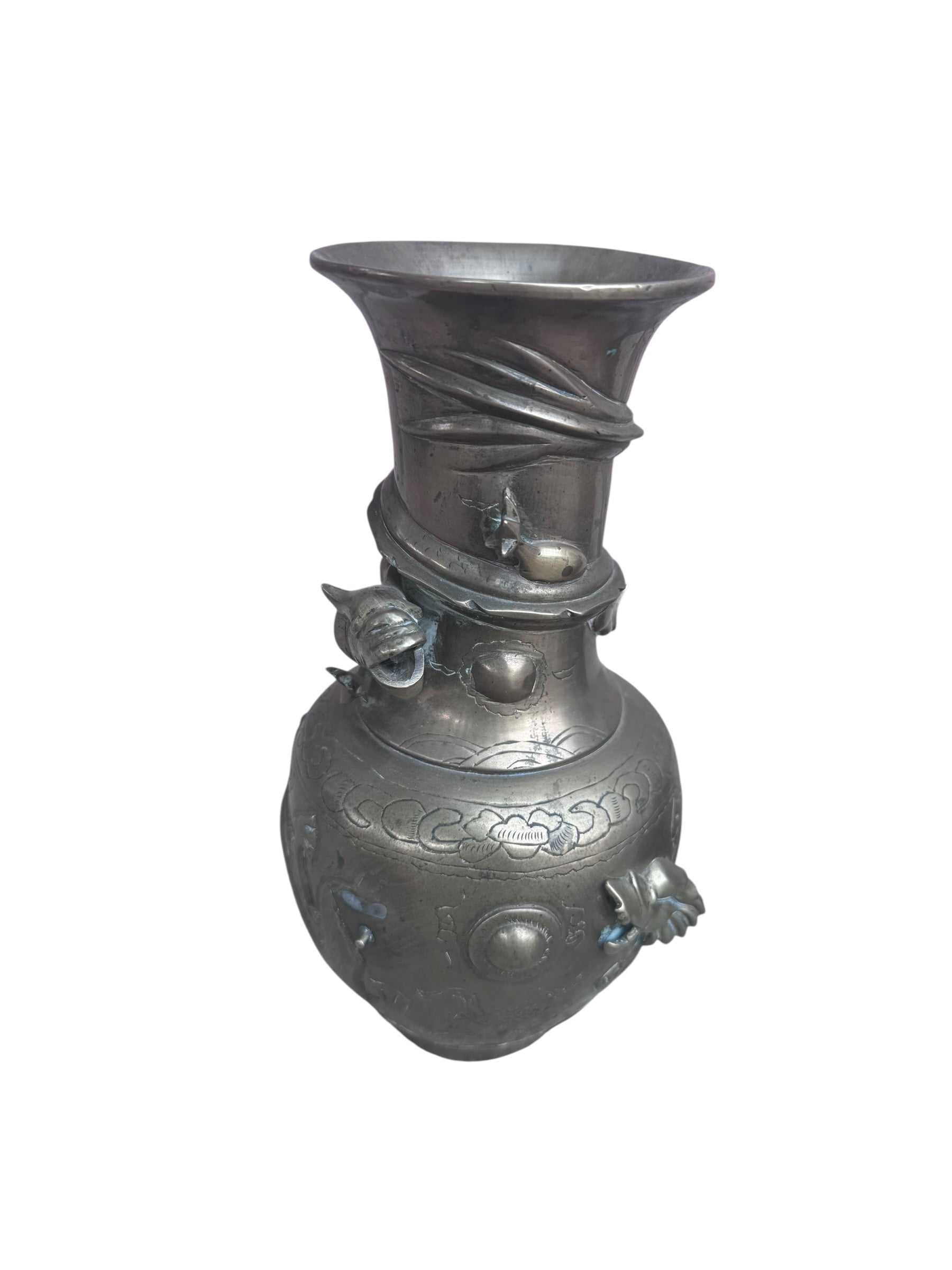 Antique Chinese Bronze Royal Dragons Sculpted Vase - Pair
