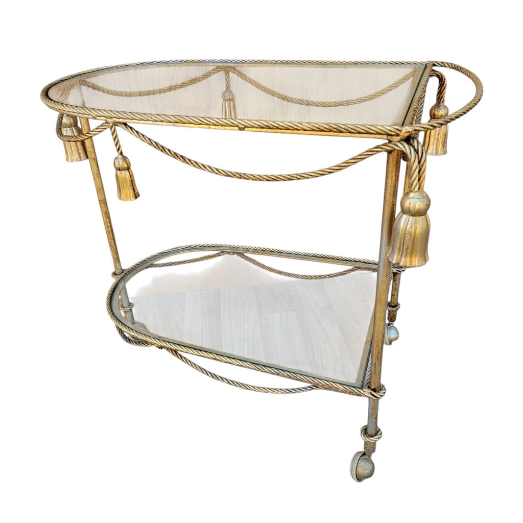 Hollywood Regency Italian Gilt Rope and Tassel Drinks Trolley Bar Cart
