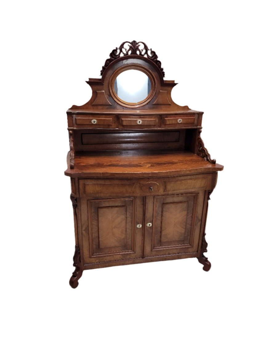 Antique English Victorian Bookmatched Mahogany Mirror Topped Chiffonier Cabinet