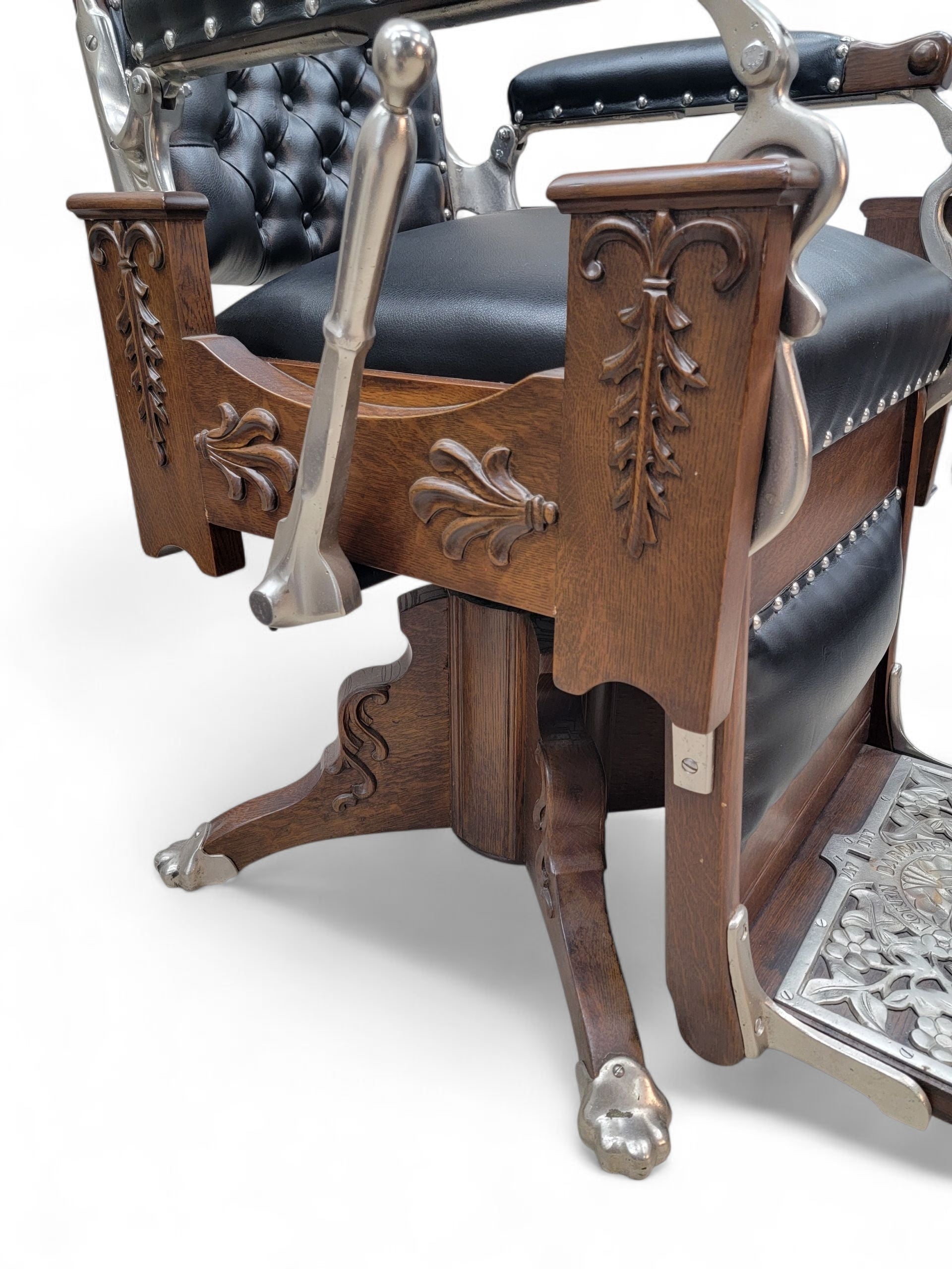 Antique Koken Restored Quartersawn Oak Barber Chairs in Black Leather – Set of 3