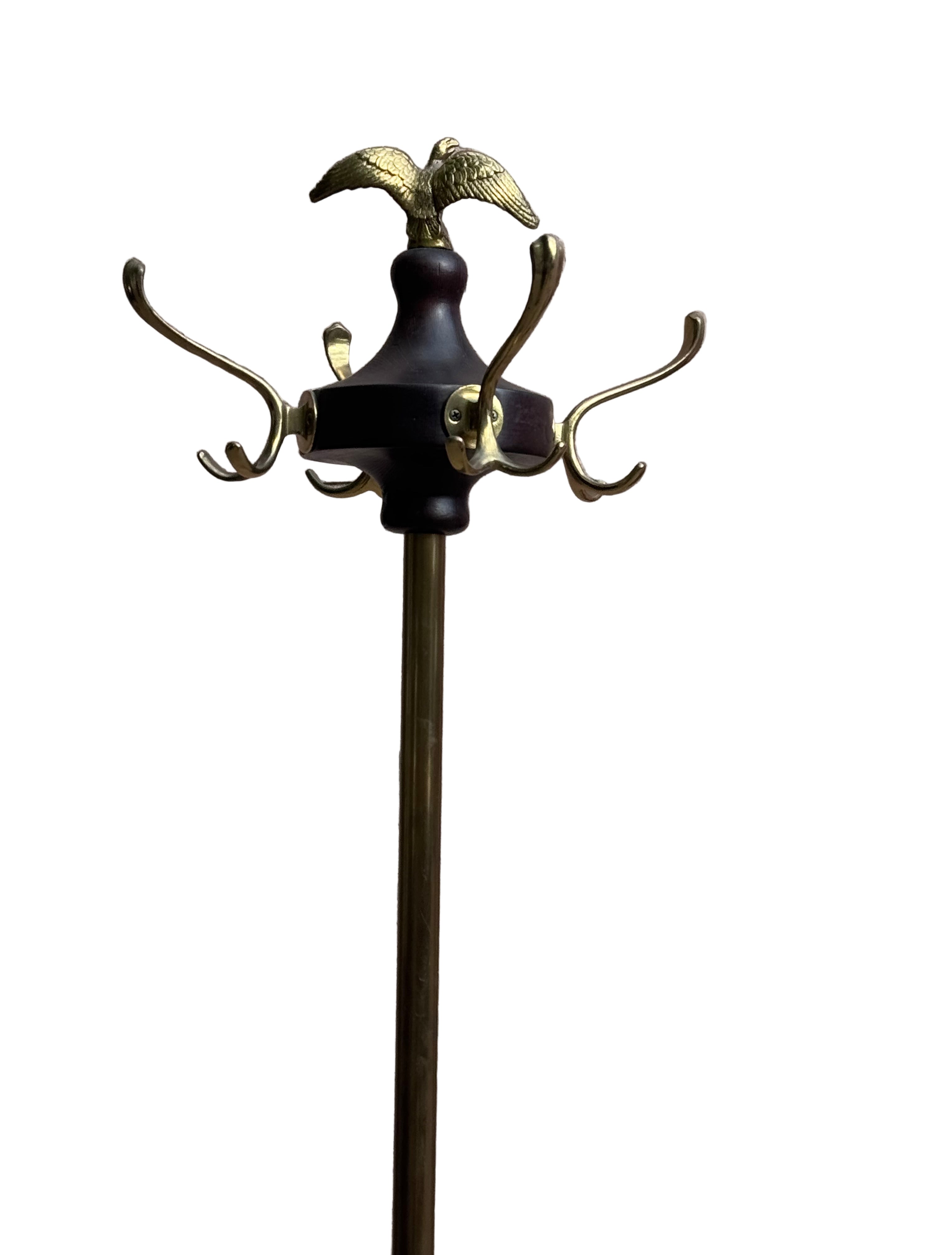 Antique Victorian Federal Style Brass, Wood and Wrought Iron Coat Rack with Eagle Finial