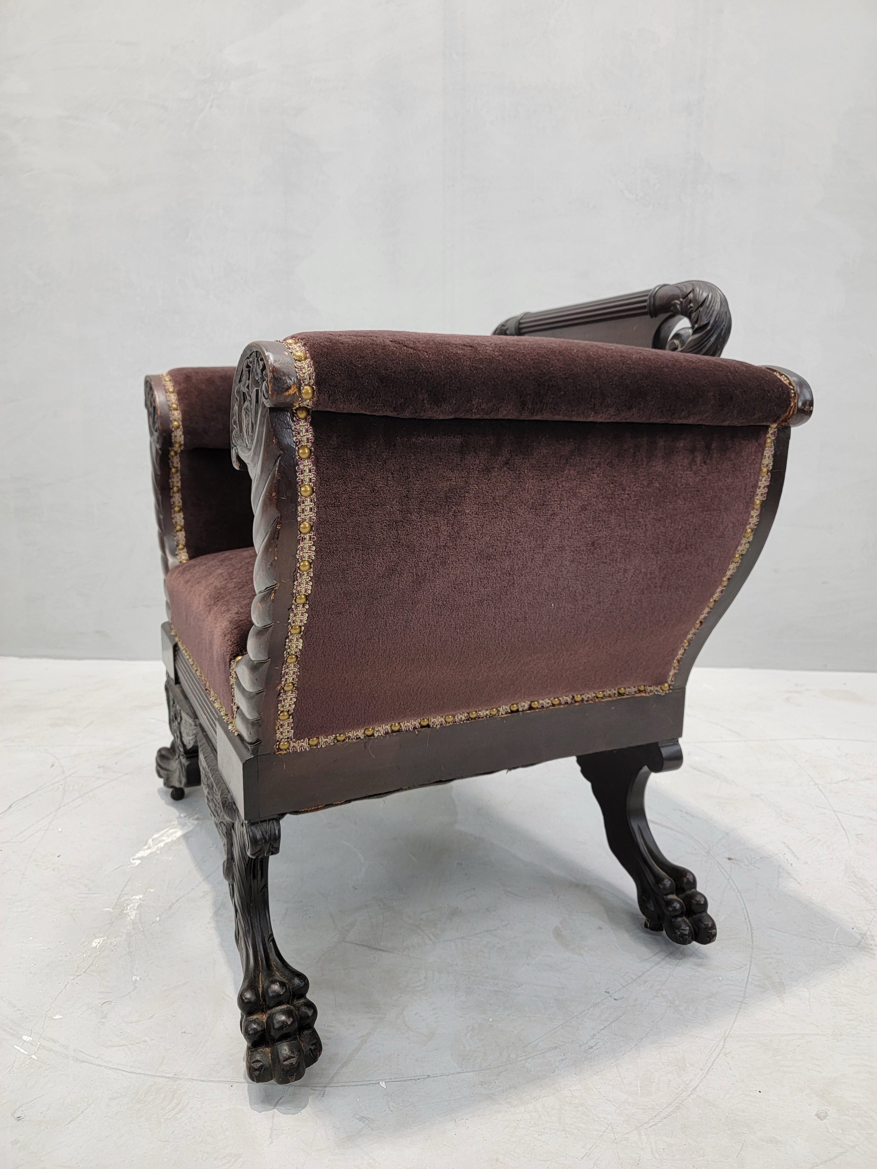 American Empire Mahogany Armchair Newly Reupholstered in Mohair