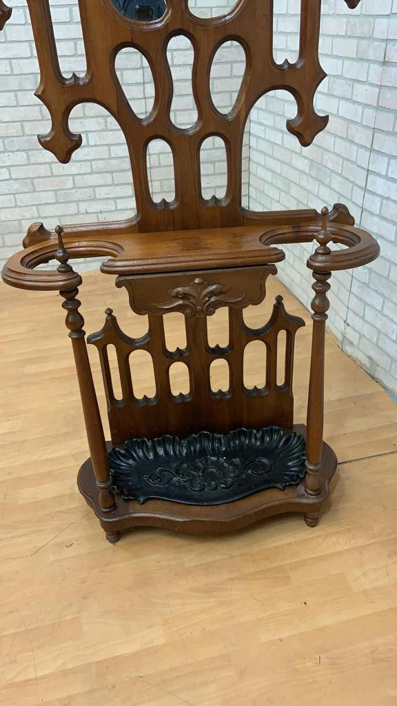 Antique Gothic Hand Carved Mahogany Hall Tree Coat Rack and Umbrella Stand
