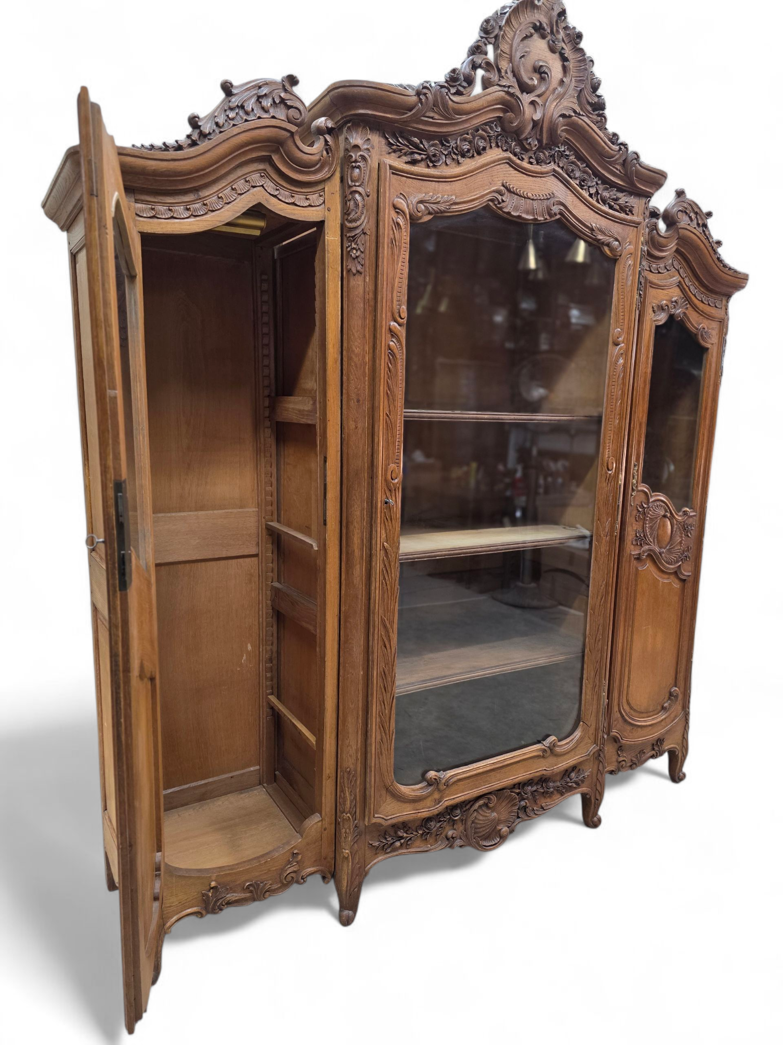 Antique French Louis XV Style Hand-Carved Walnut Vitrine Bookcase