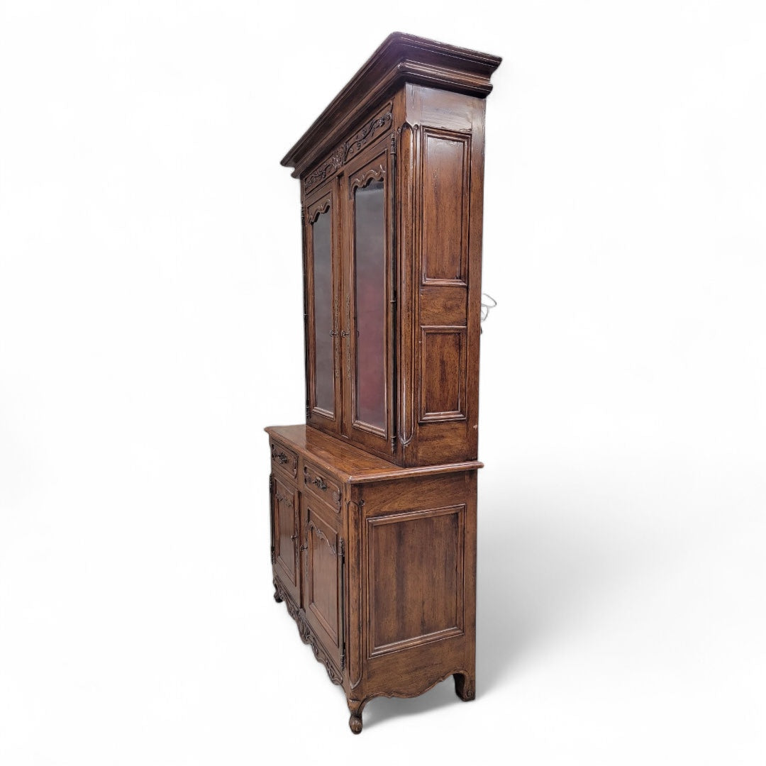 Antique French Provincial Carved Oak 2 Glass Door Display Storage Cabinet Buffet
