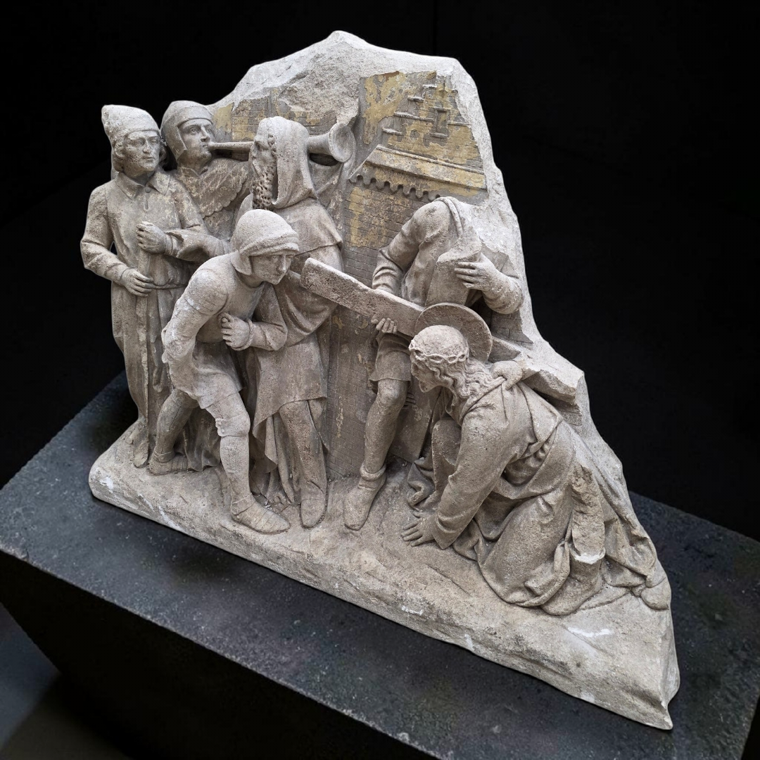 Antique Monumental European "Stations of The Cross" Stone Relief Panels — Pair