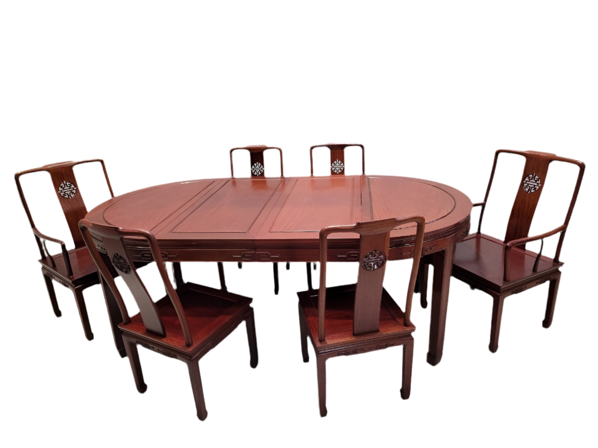 Vintage Asian Rosewood Carved Extending Dining Table and 8 Chairs Set