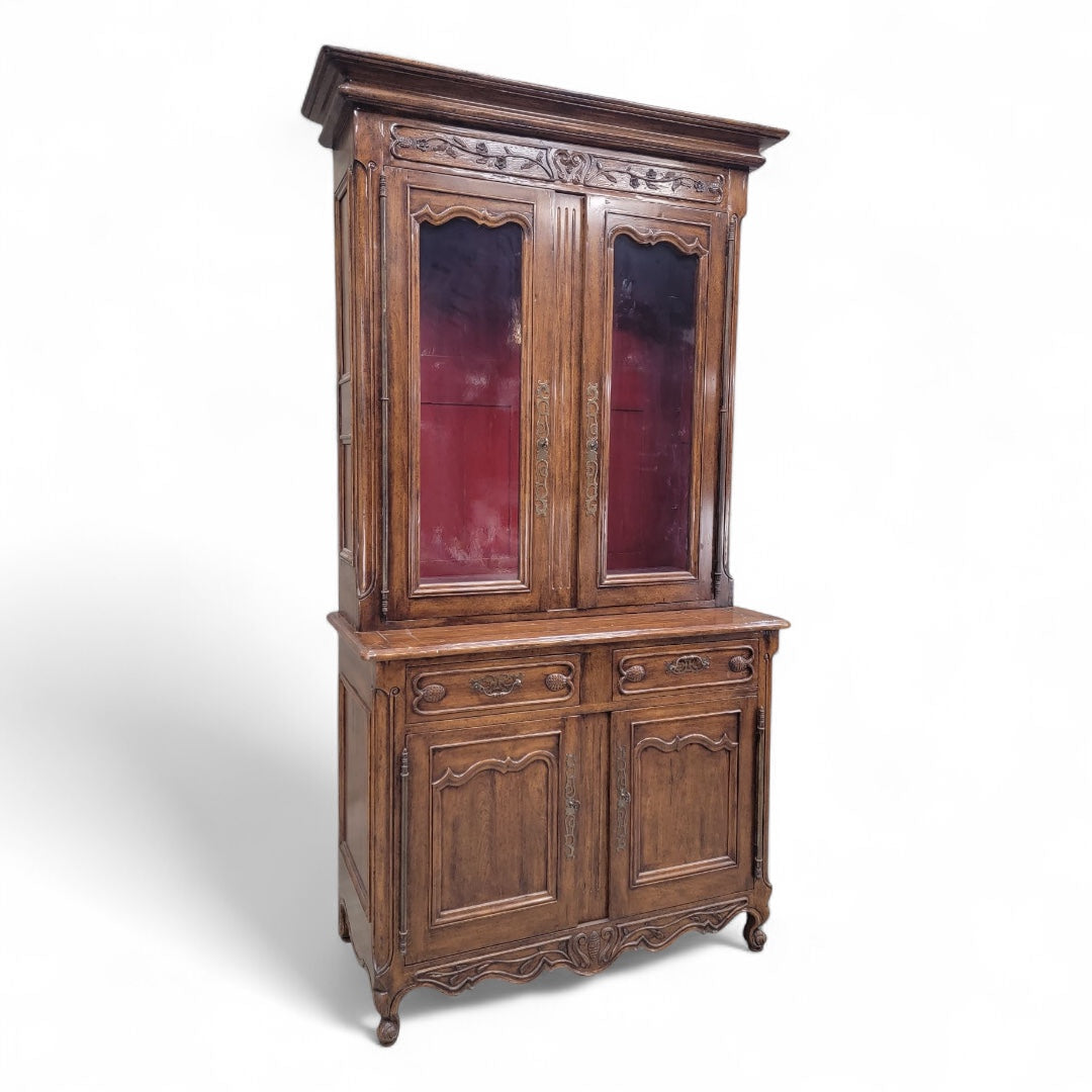 Antique French Provincial Carved Oak 2 Glass Door Display Storage Cabinet Buffet