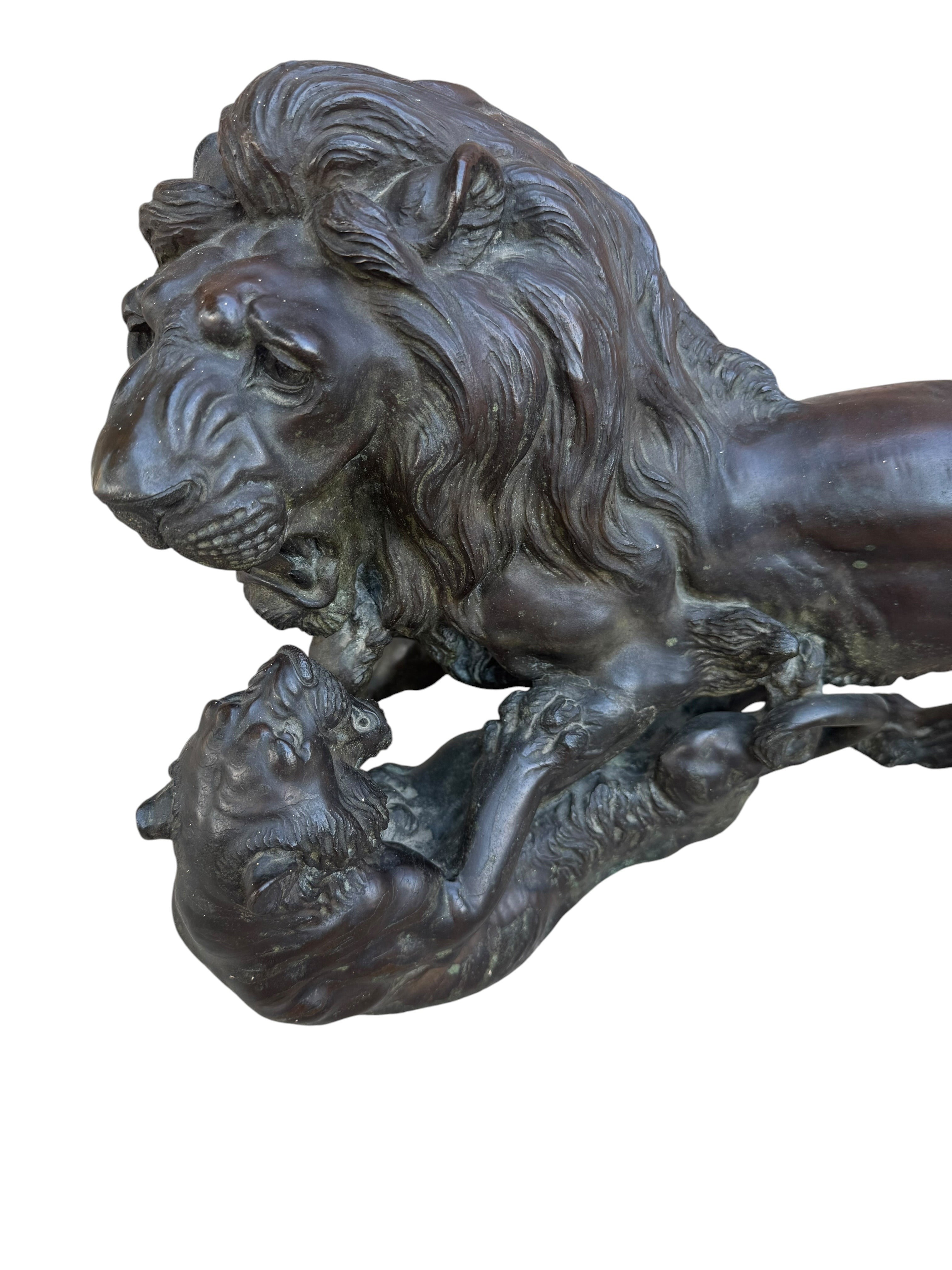 Antique Patinated Bronze Lion and Tiger Animalier Sculpture