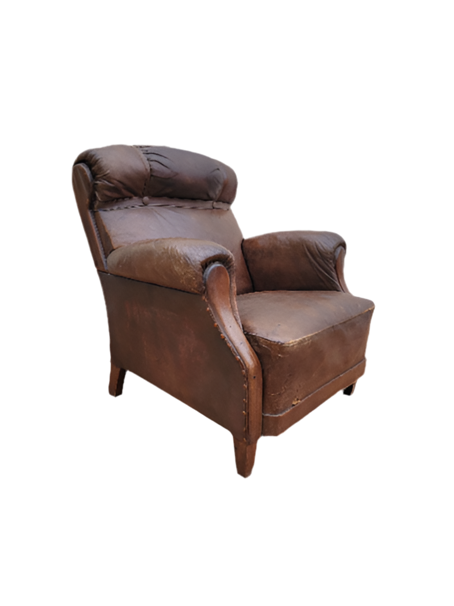 French Art Deco Distressed Leather Lounge Club Chair