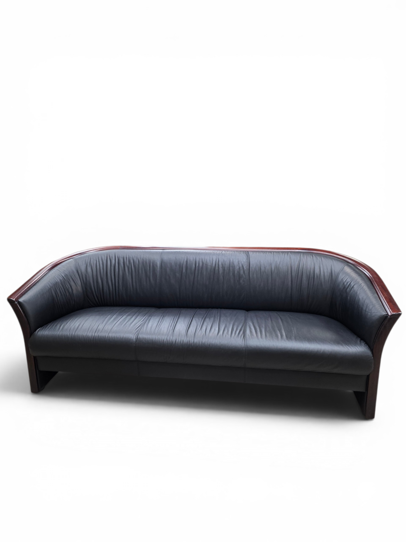 Vintage Ekornes Scandinavian Modern Black Leather Sofa with Rosewood Accents