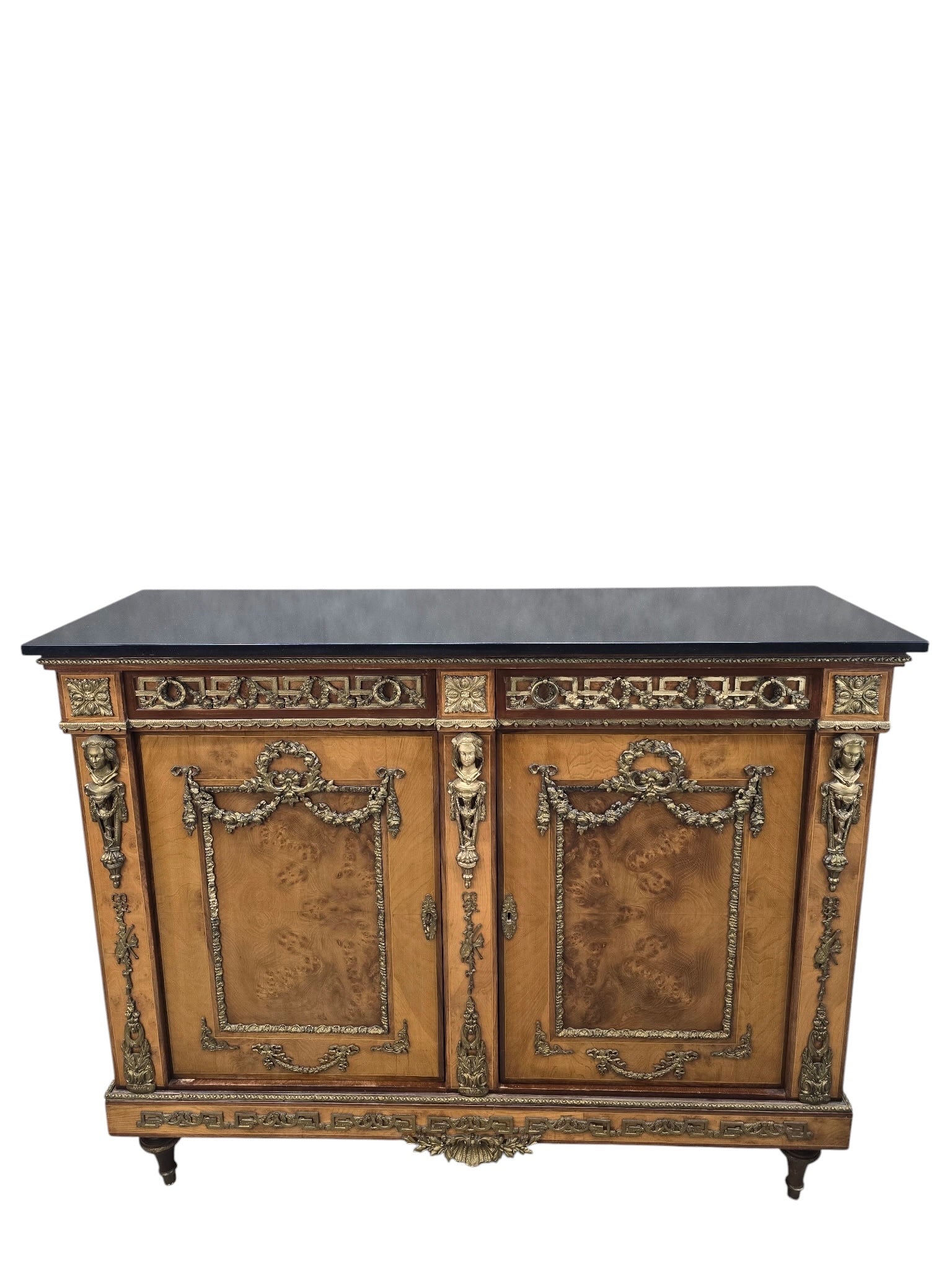 Antique French Louis XVI Style Bronze Mounted Marble Top Cabinet / Server