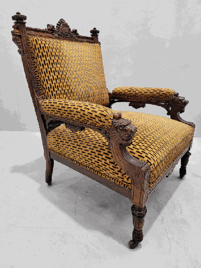 Antique Renaissance Revival Figural Carved Framed Parlor Chairs Reupholstered in a Patterned Belgian Chenille - Set of 2