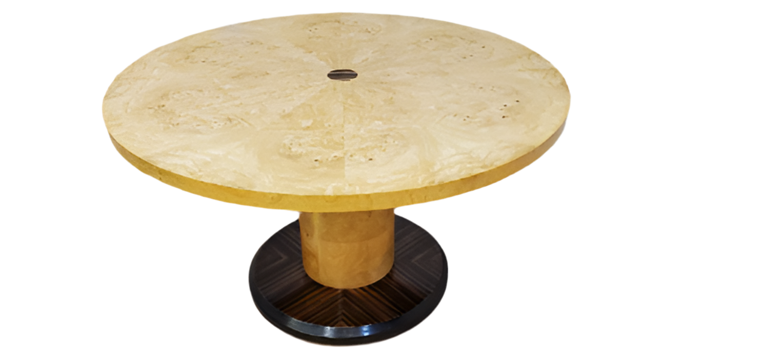 Vintage Blonde Burl & Rosewood Cylinder Pedestal Game Dining Table