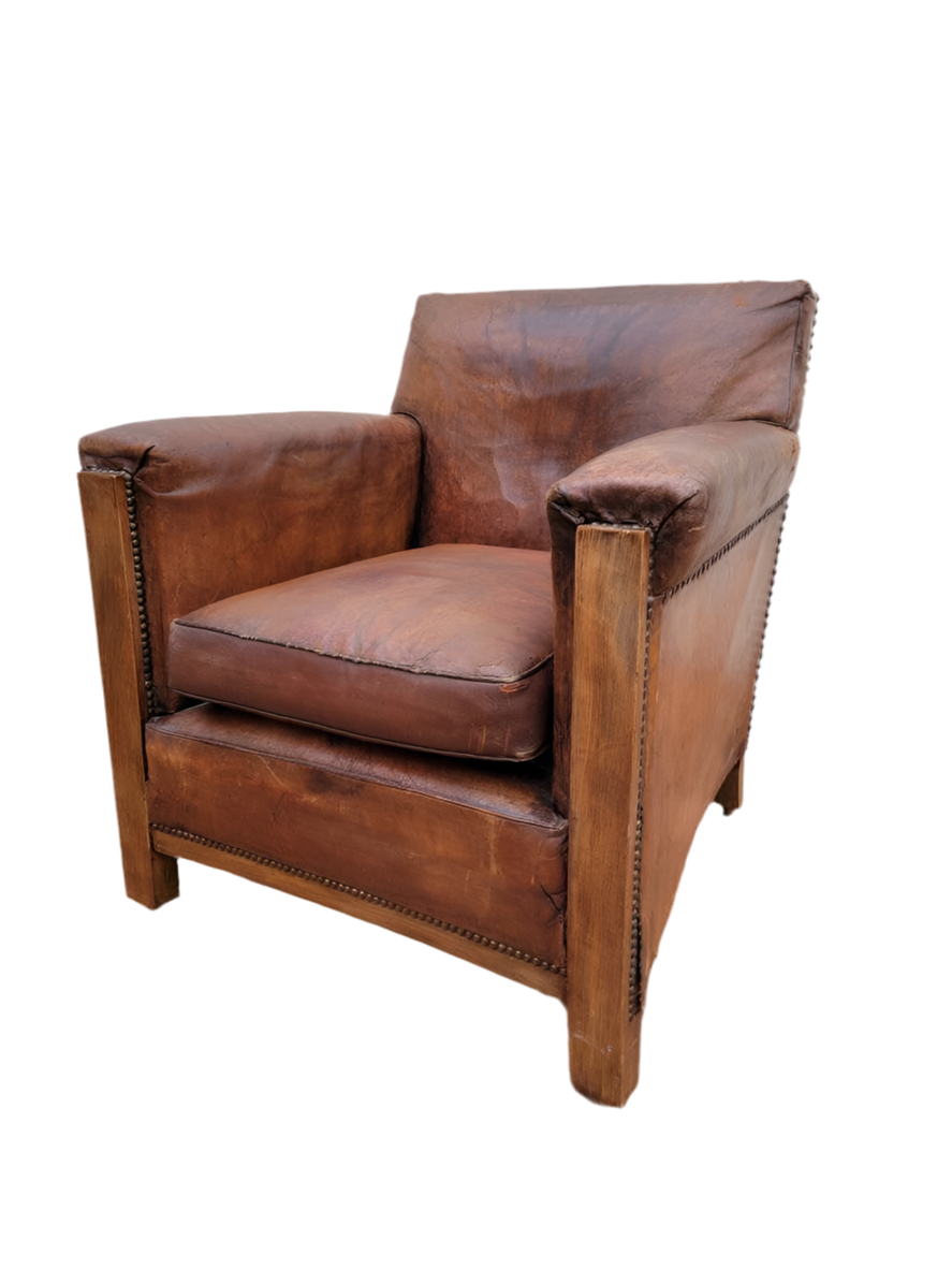 French Art Deco Distressed Leather Club Chair with Nailheads