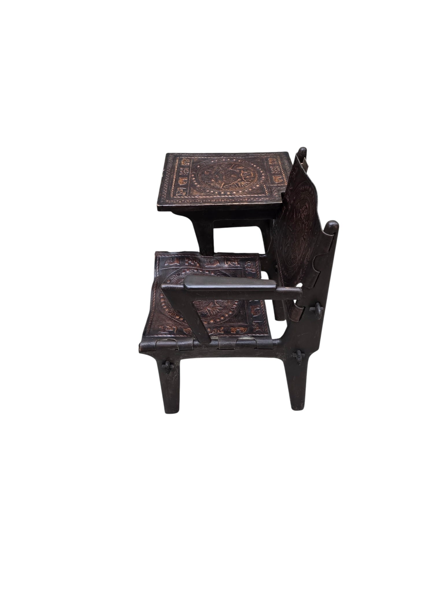 Vintage Rustic Tooled Leather Primitive Gossip Chair by Angel Pazmino