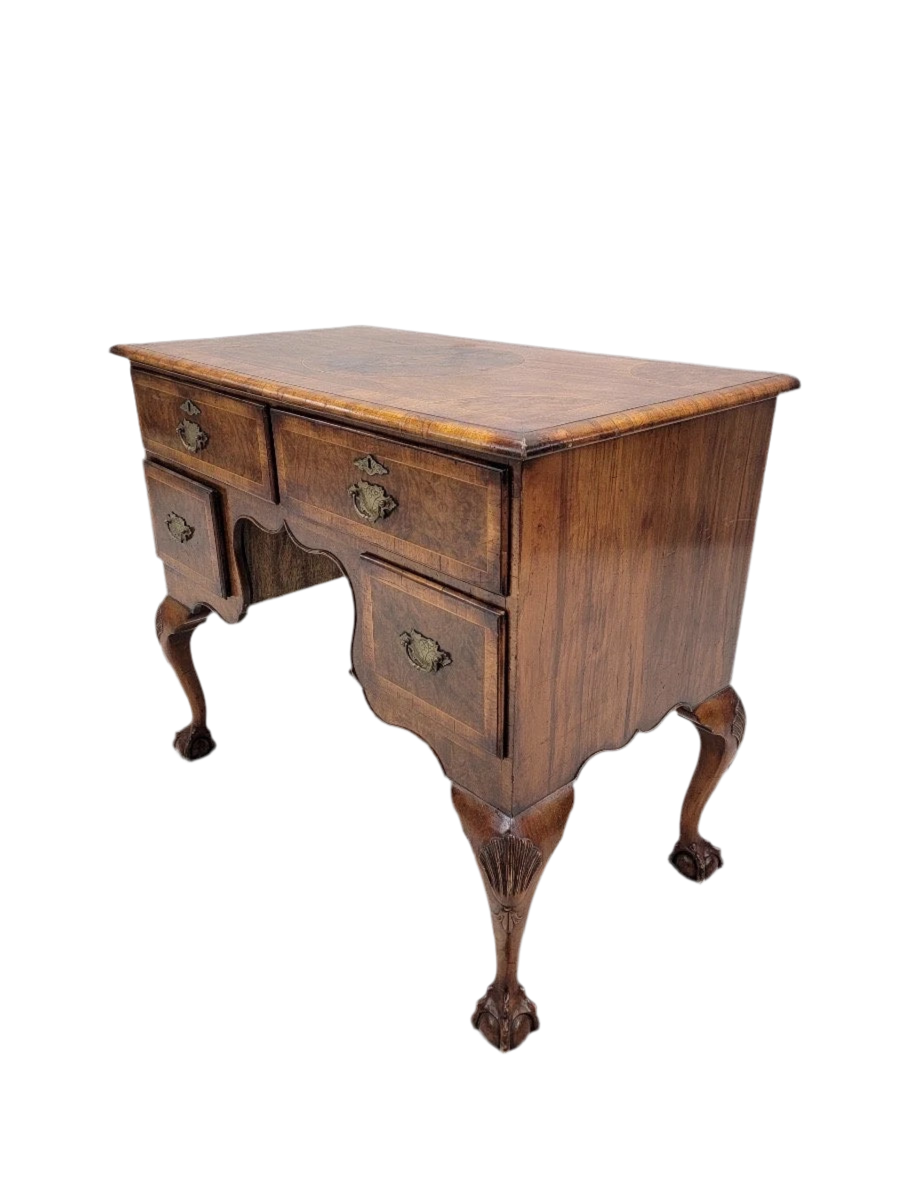 Antique English Queen Anne Style Burl and Oak Writing Desk