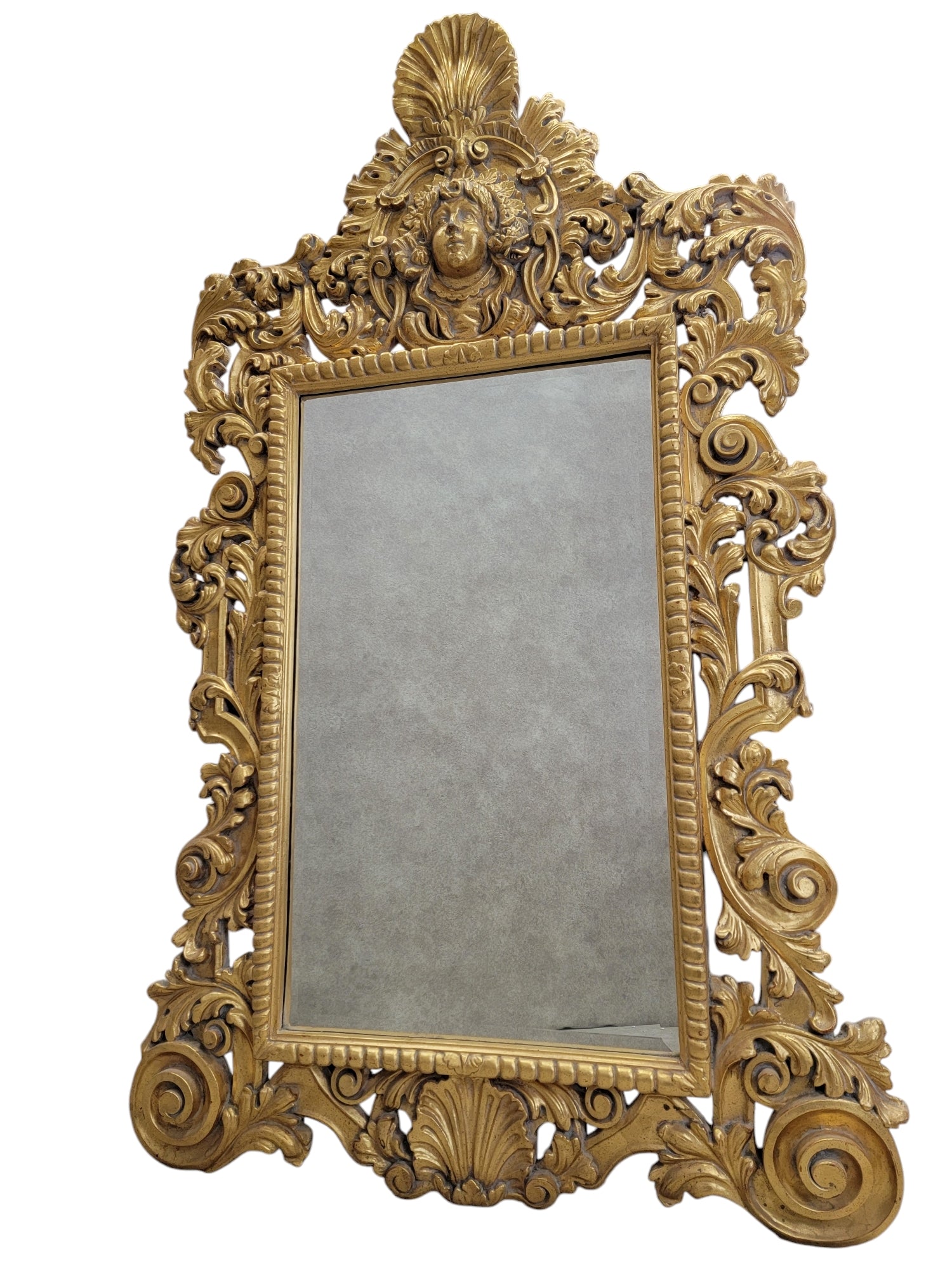 Vintage Hollywood Regency Italian Versace Style Carved Ornate Gold Gilded Figural Beveled Wall Mirror