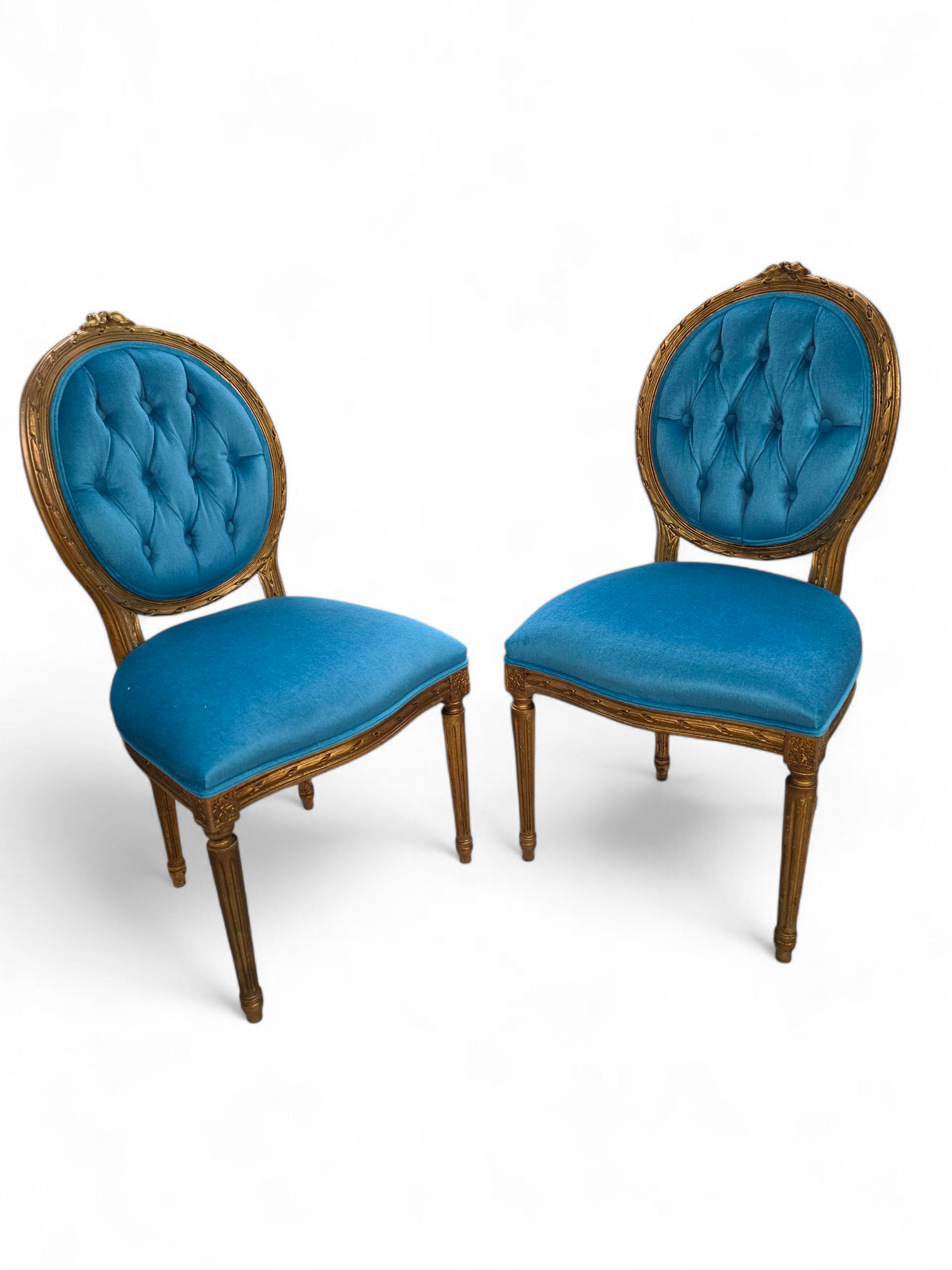 Antique French Louis XVI Style Carved & Gilded Tufted Medallion Back Dining Chairs Newly Reupholstered in a Italian Royal-Teal Mohair - Set of 4&nbsp;
