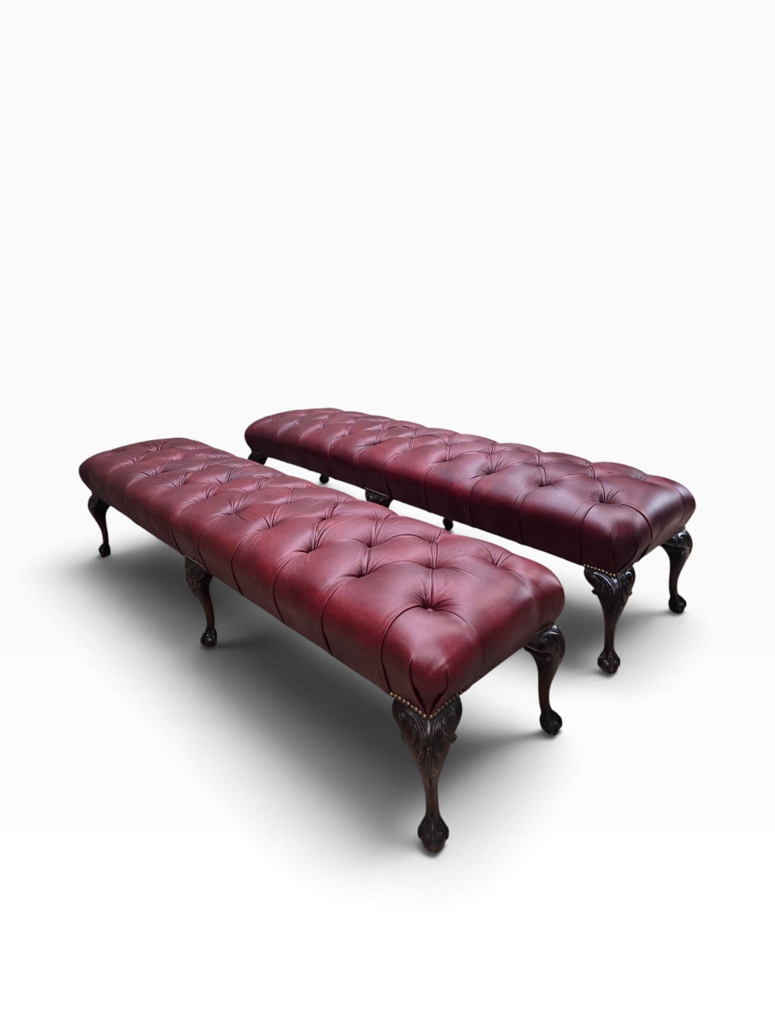 Chippendale Style Carved Mahogany Ball & Claw Six Leg Tufted Hall/Dining Bench Newly Reupholstered in Cabernet Leather - Pair