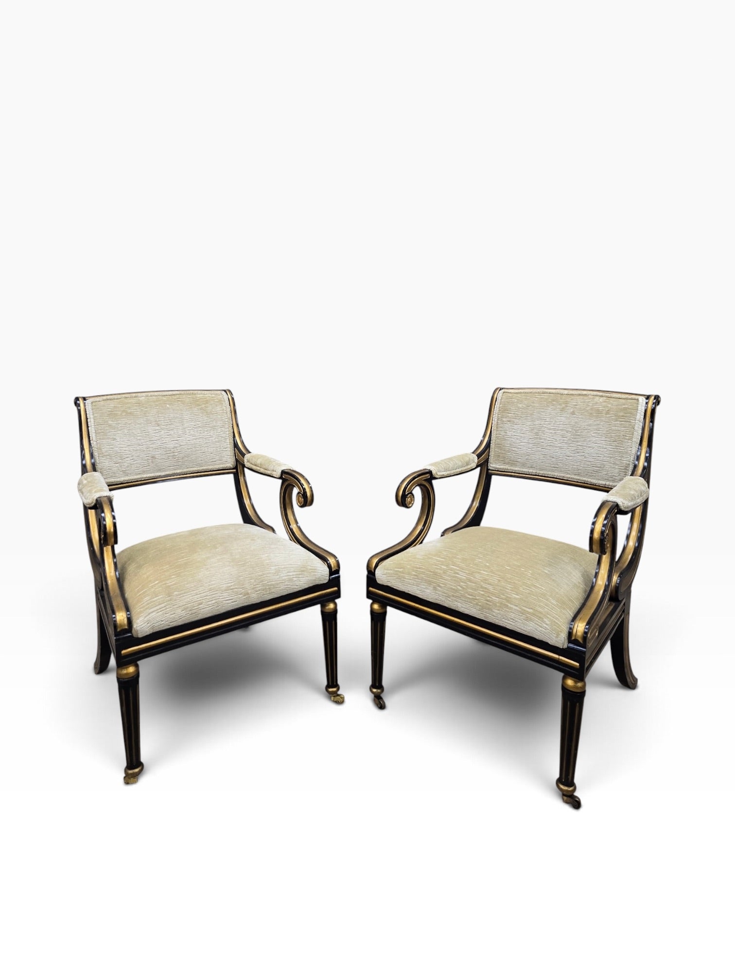 Regency Style Ebonized Armchairs by Baker Newly Reupholstered in a Gold Chenille Fabric - Pair