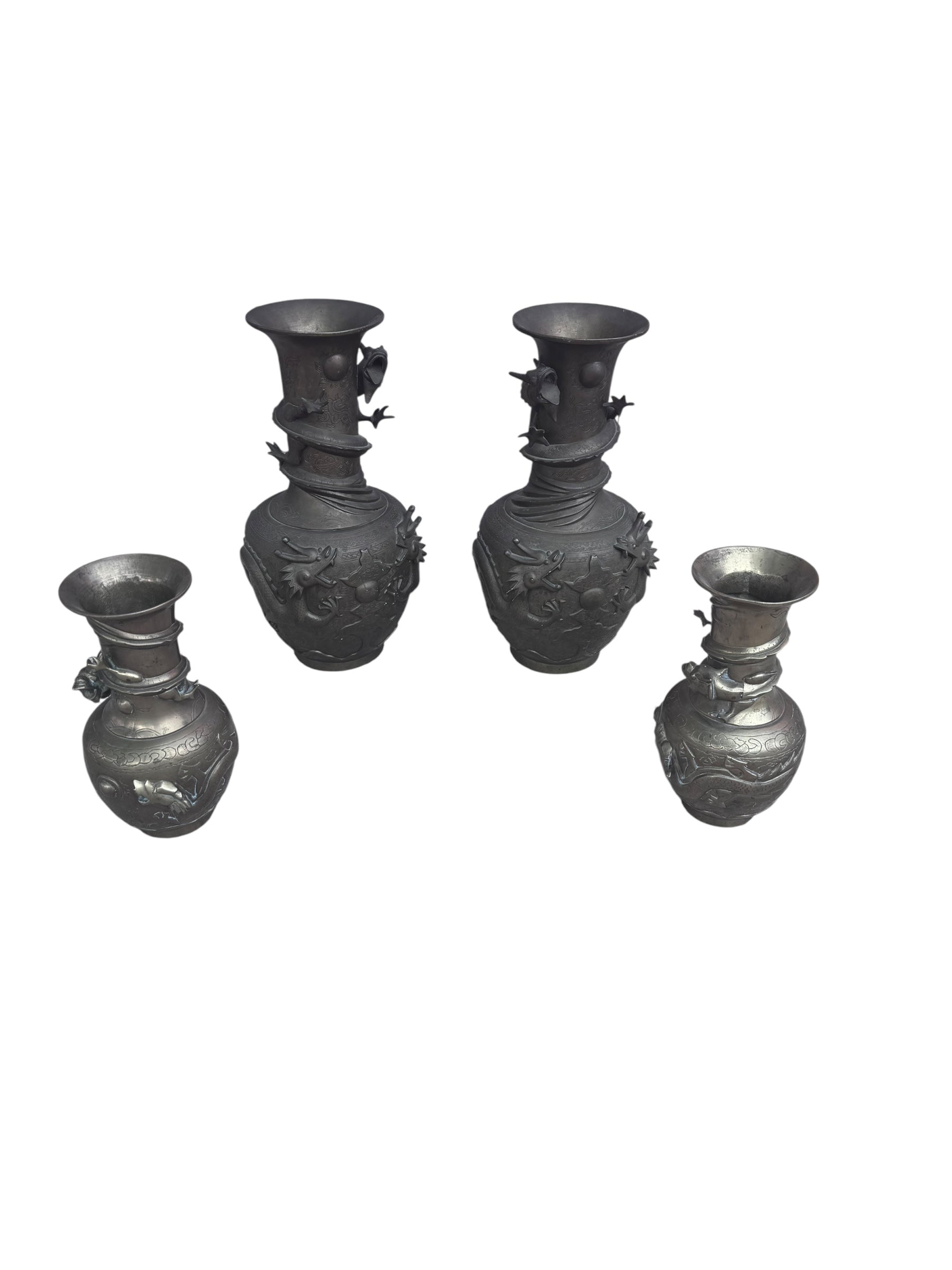 Antique Signed Asian Bronze Dragon Vase - Pair