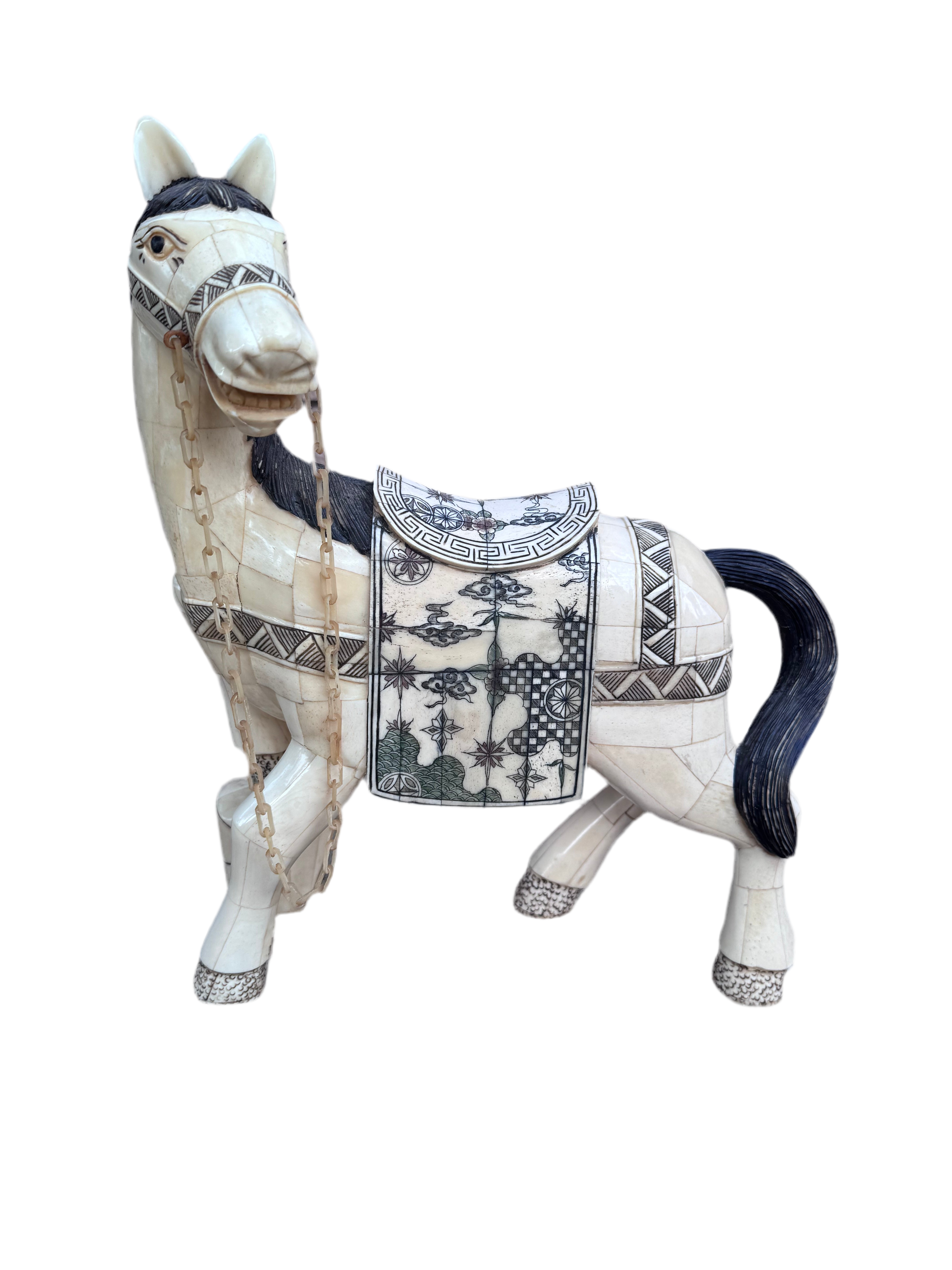 Vintage Tessellated Bone Tile Horse Statue