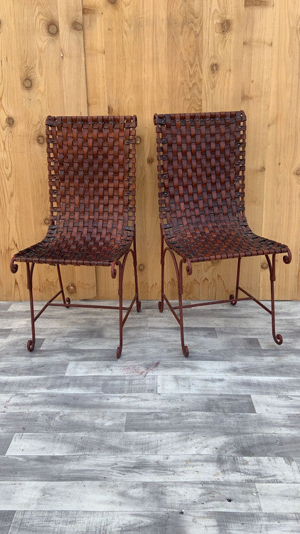 Vintage Italian Hand Forged Wrought-Iron Woven Leather Side Chairs - Pair