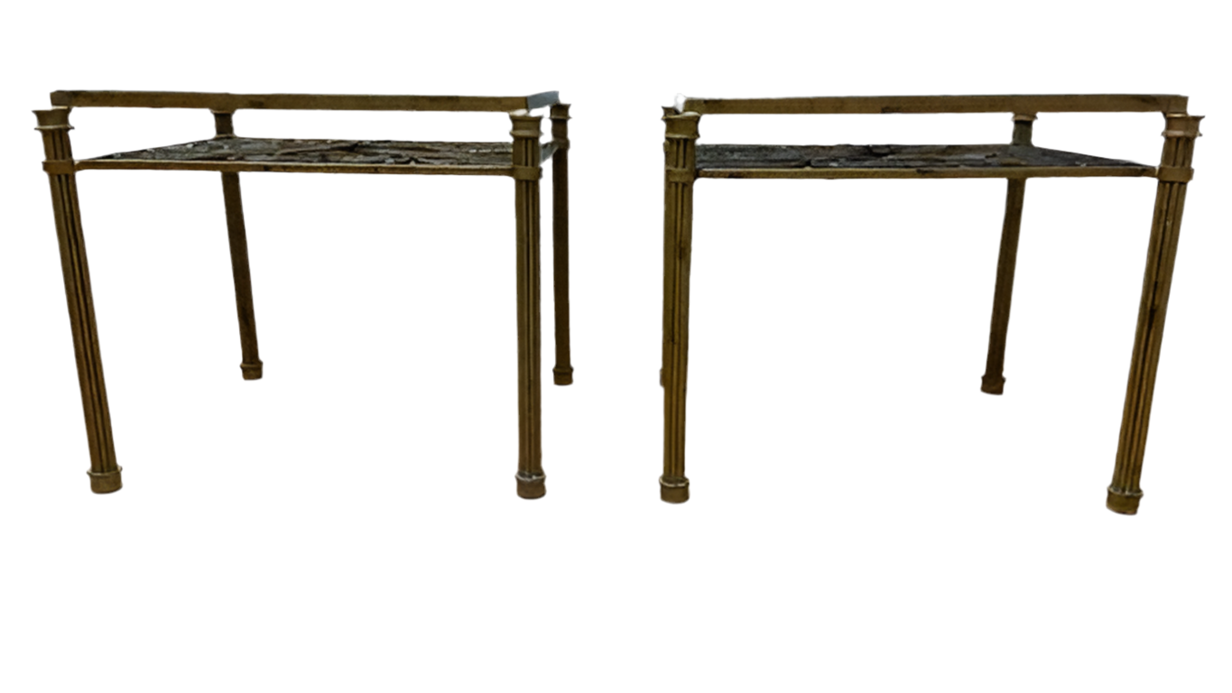 Hollywood Regency Antique Gold Forged Wrought Iron Glass Top Side Tables - Pair