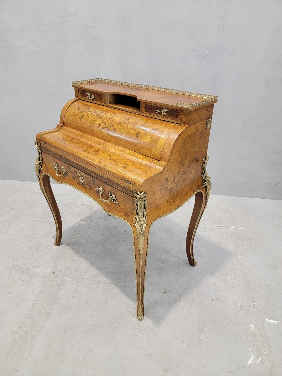 Antique French Louis XV Style French Tulip and Rosewood Marquetry Roll-Top Secretary Writing Desk