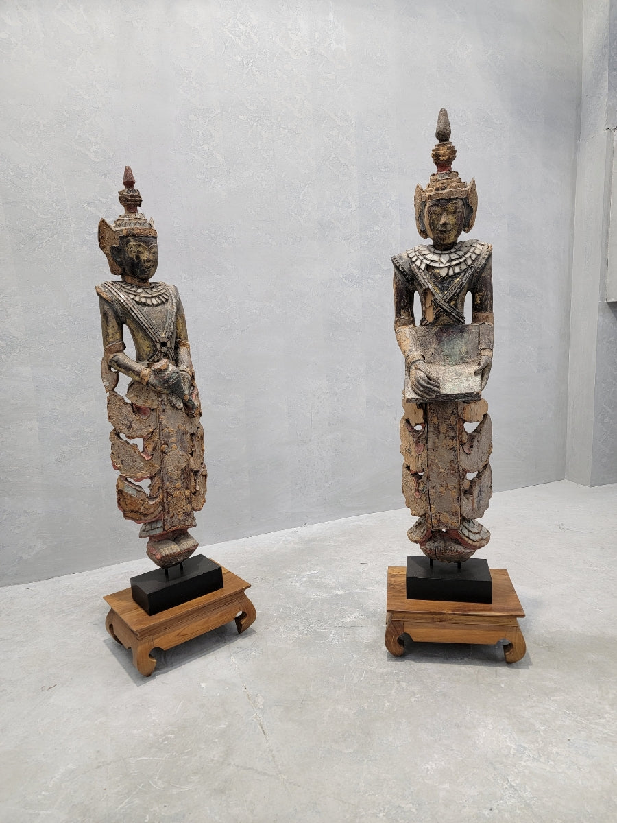 Antique Burmese Short Monastic Attendant Sculptures w/ Carved and Lacquered Wood and Inlaid Colored Glass - Set of 2