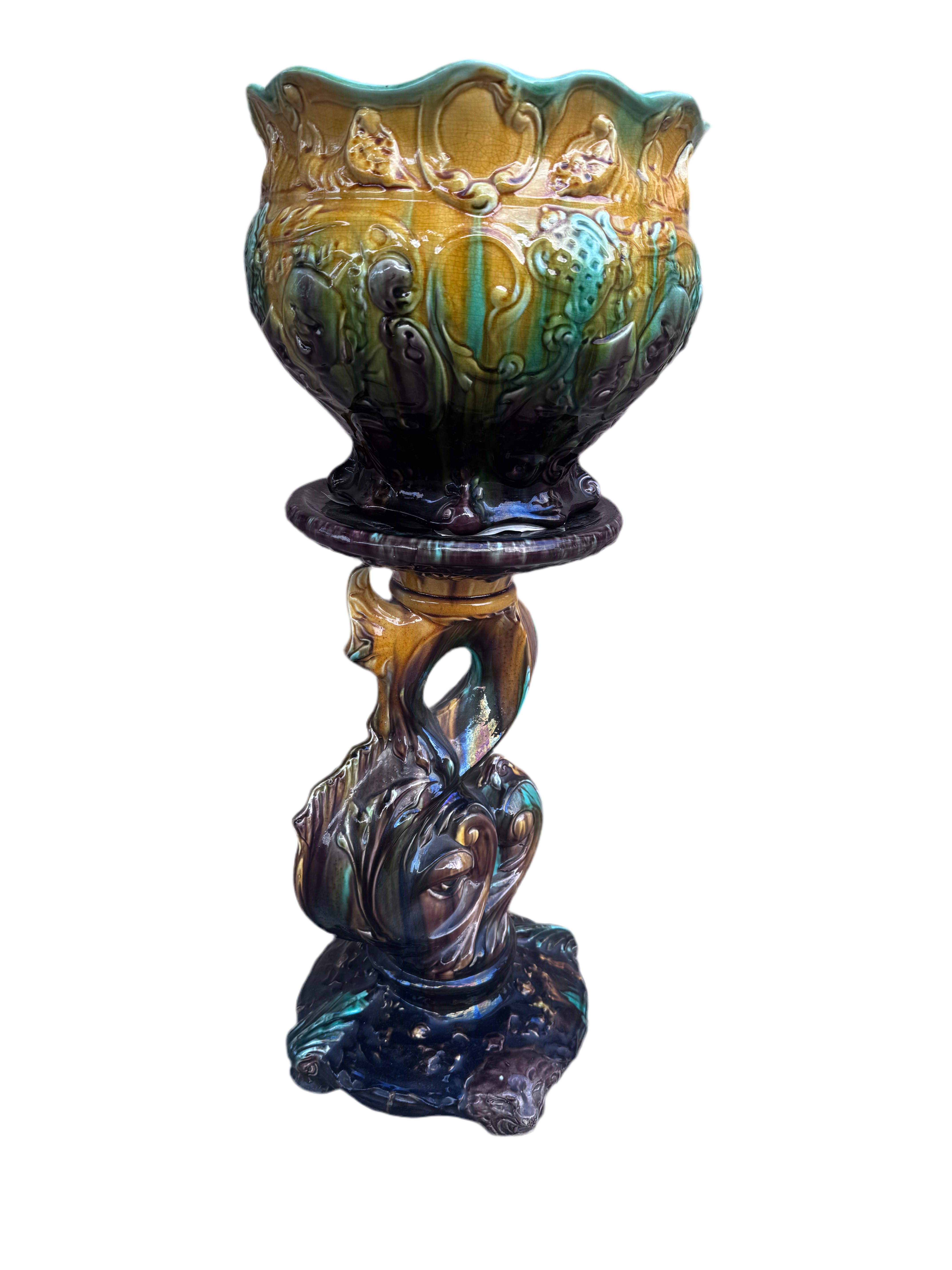 Vintage Weller Majolica Pottery Jardiniere & Pedestal Set
