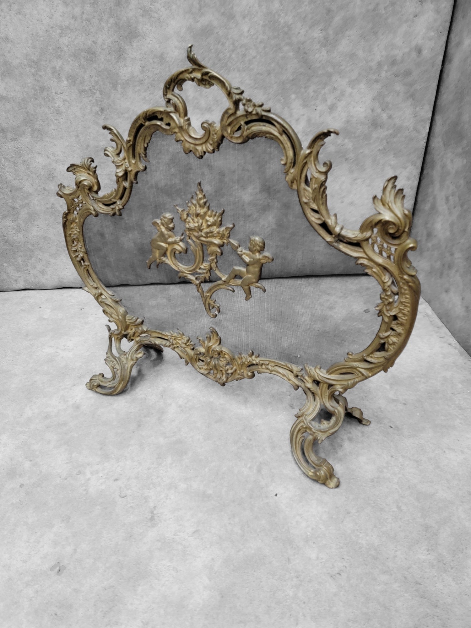 Antique Louis Style French Brass Cherub and Floral Free Standing Fire Screen