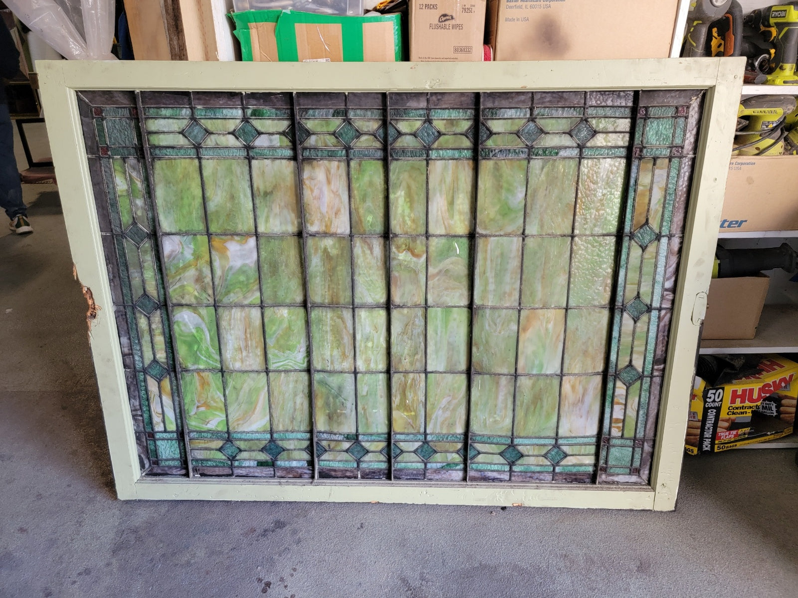 Antique Tiffany Style Salvaged Green Upper Transom Stained Glass Windows - Pair