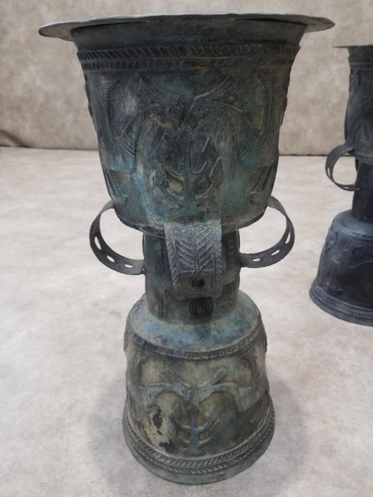 HOLD - Antique Balinese Hammered Bronze Rain Drum Garden Stool/Plant Stand - Set of 2